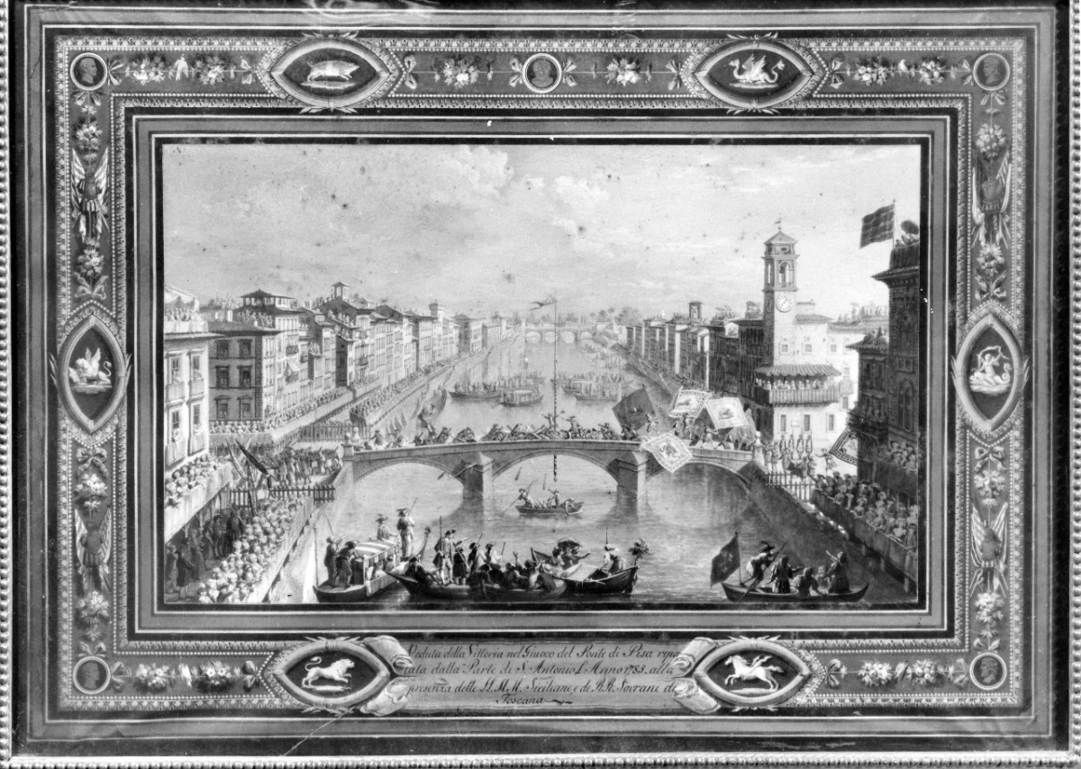 Veduta della Vittoria nel Giuoco del Ponte a Pisa riportato dalla parte di S. Antonio L'Anno 1785 alla presenza delle LL. MM. Siciliane e dei RR. Sovrani di Toscana, veduta del Gioco del Ponte a Pisa (dipinto) di Terreni Giuseppe Maria (sec. XVIII)