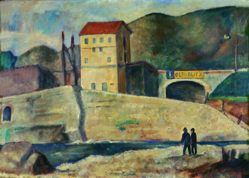 Il Ponte Petrino, Veduta del Bisenzio con figure (dipinto) di Del Rigo Arrigo (secondo quarto XX)