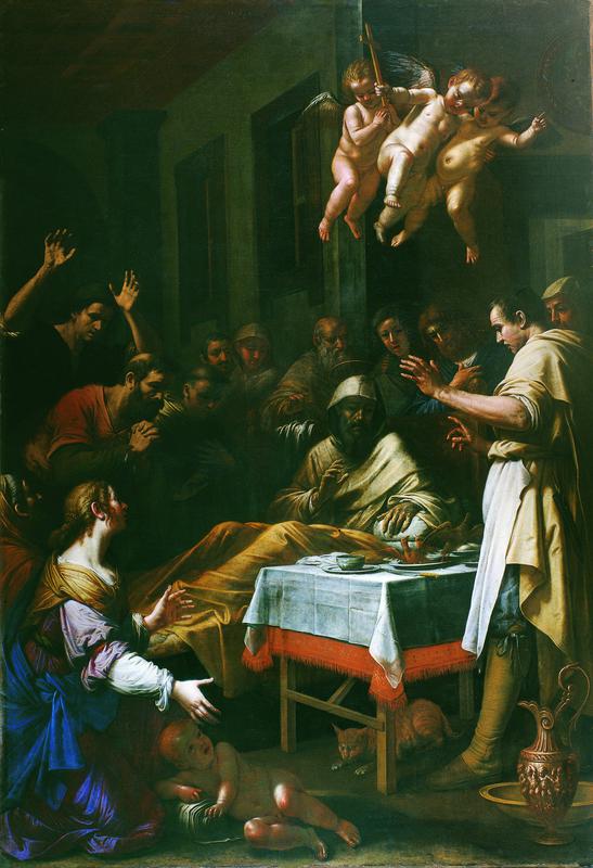 Miracolo di San Nicola da Tolentino che resuscita le starne, San Nicola da Tolentino resuscita le starne (dipinto) di Balassi Mario (secondo quarto XVII)