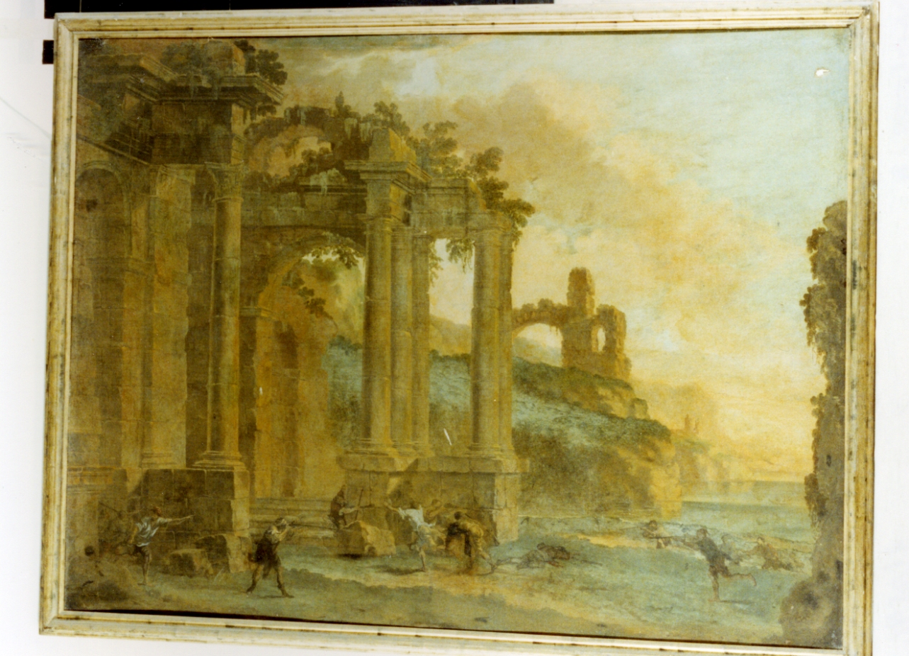 Assalto di briganti, paesaggio con rovine e figure (dipinto) di Ghisolfi Giovanni (attribuito) (seconda metà sec. XVII)