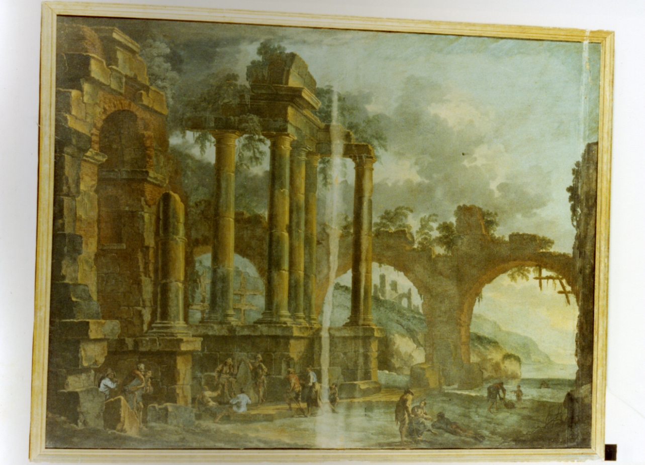 Rovine con scene di genere, paesaggio con rovine (dipinto) di Ghisolfi Giovanni (attribuito) (seconda metà sec. XVII)