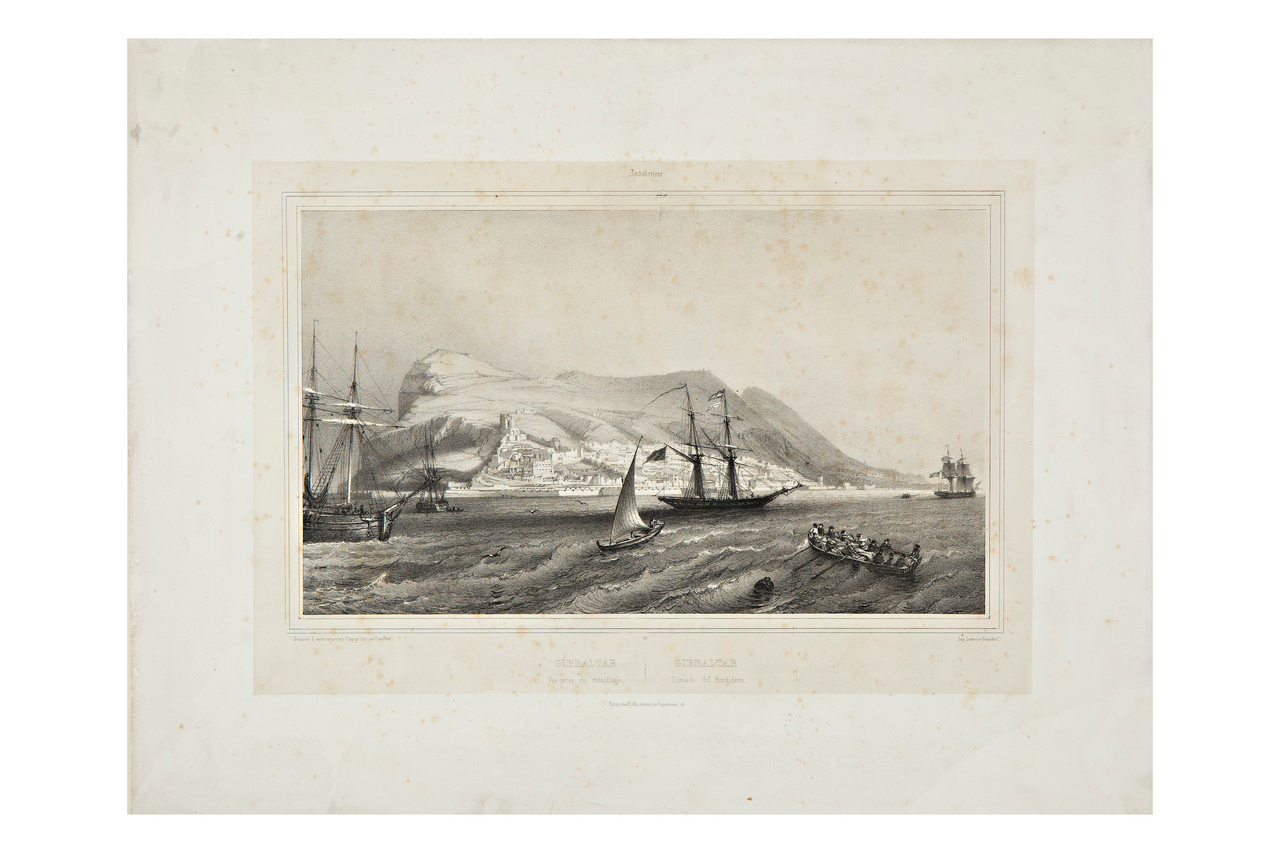 Gibilterra. Veduta dell'approdo, Veduta di Gibilterra (stampa) di Cuvillier, Armand (XIX)