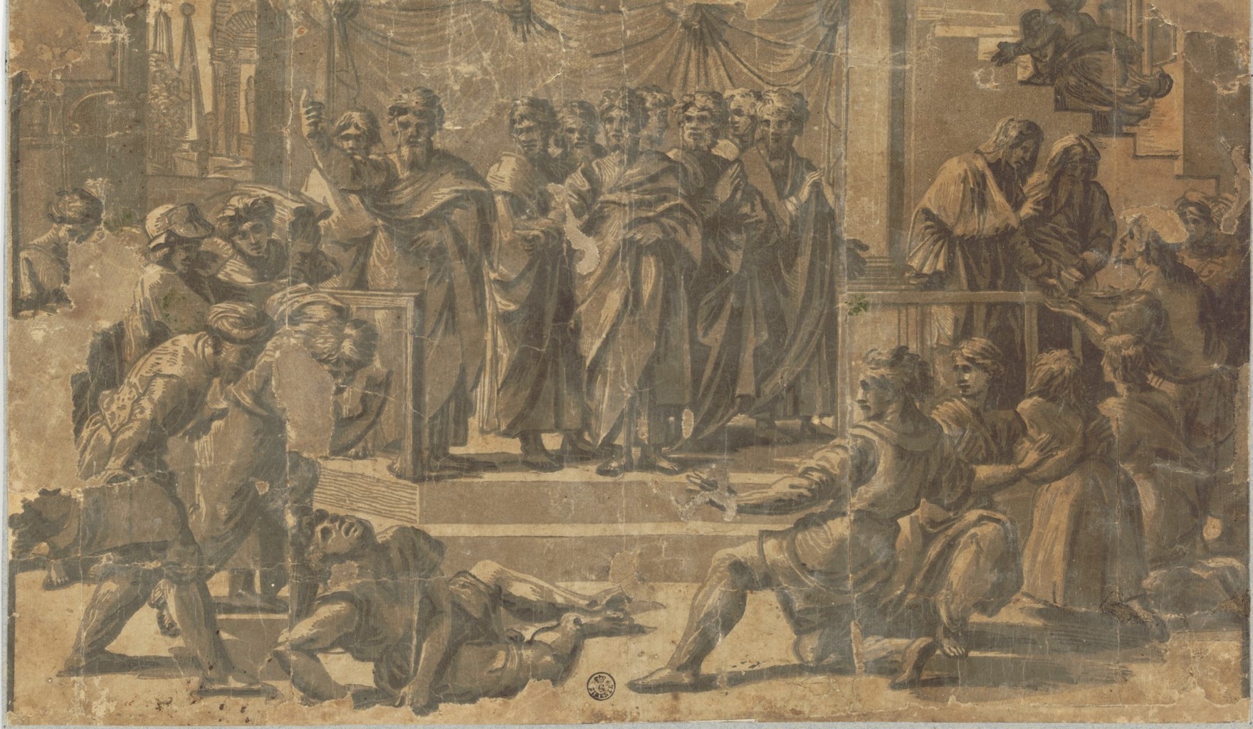 Morte di Anania (stampa controfondata) di Ugo da Carpi (attribuito), Raffaello (primo quarto XVI)