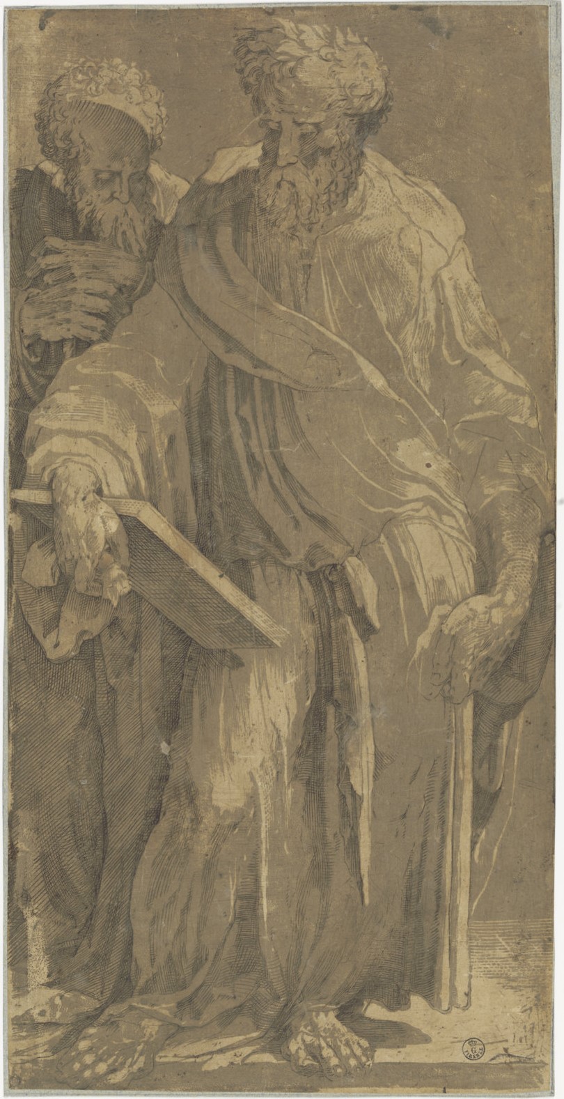 Coppia di Apostoli (stampa controfondata) di Mecherino Domenico detto Beccafumi (secondo quarto XVI)