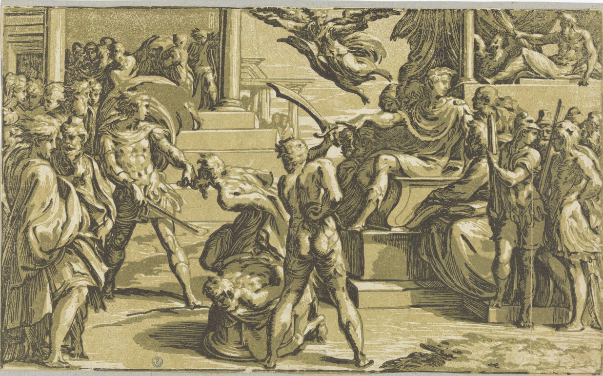 Martirio di San Pietro e San Paolo (stampa controfondata) di Antonio da Trento, Mazzola Francesco detto Parmigianino (secondo quarto XVI)
