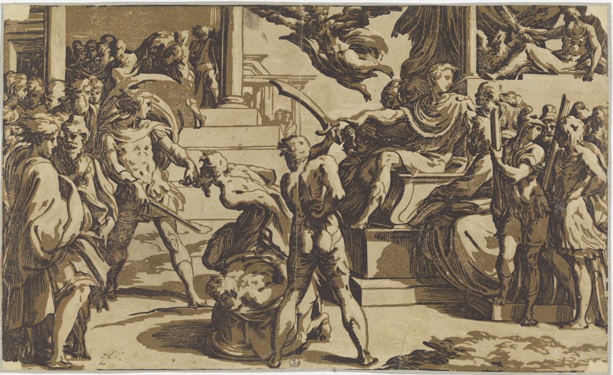 Martirio di San Pietro e San Paolo (stampa controfondata) di Antonio da Trento, Mazzola Francesco detto Parmigianino (secondo quarto XVI)