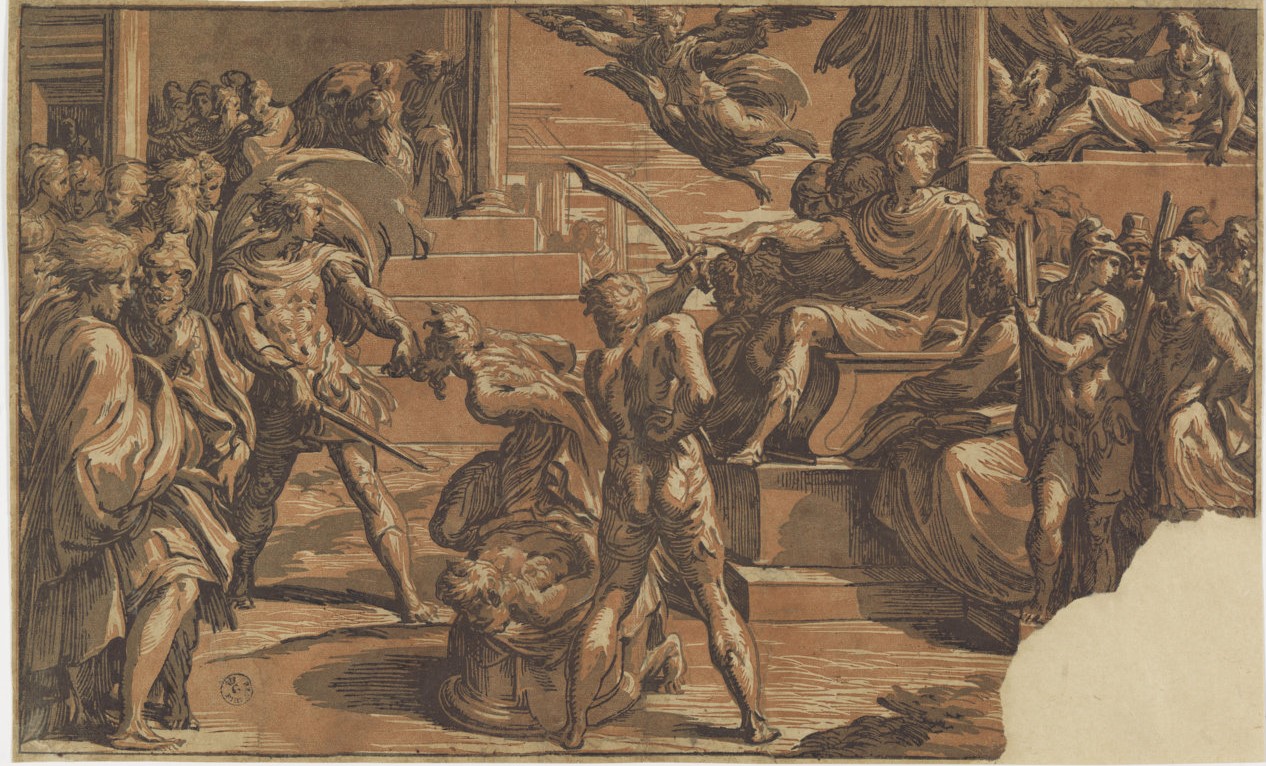 Martirio di san Pietro e san Paolo (stampa controfondata) di Antonio da Trento, Mazzola Francesco detto Parmigianino (secondo quarto XVI)