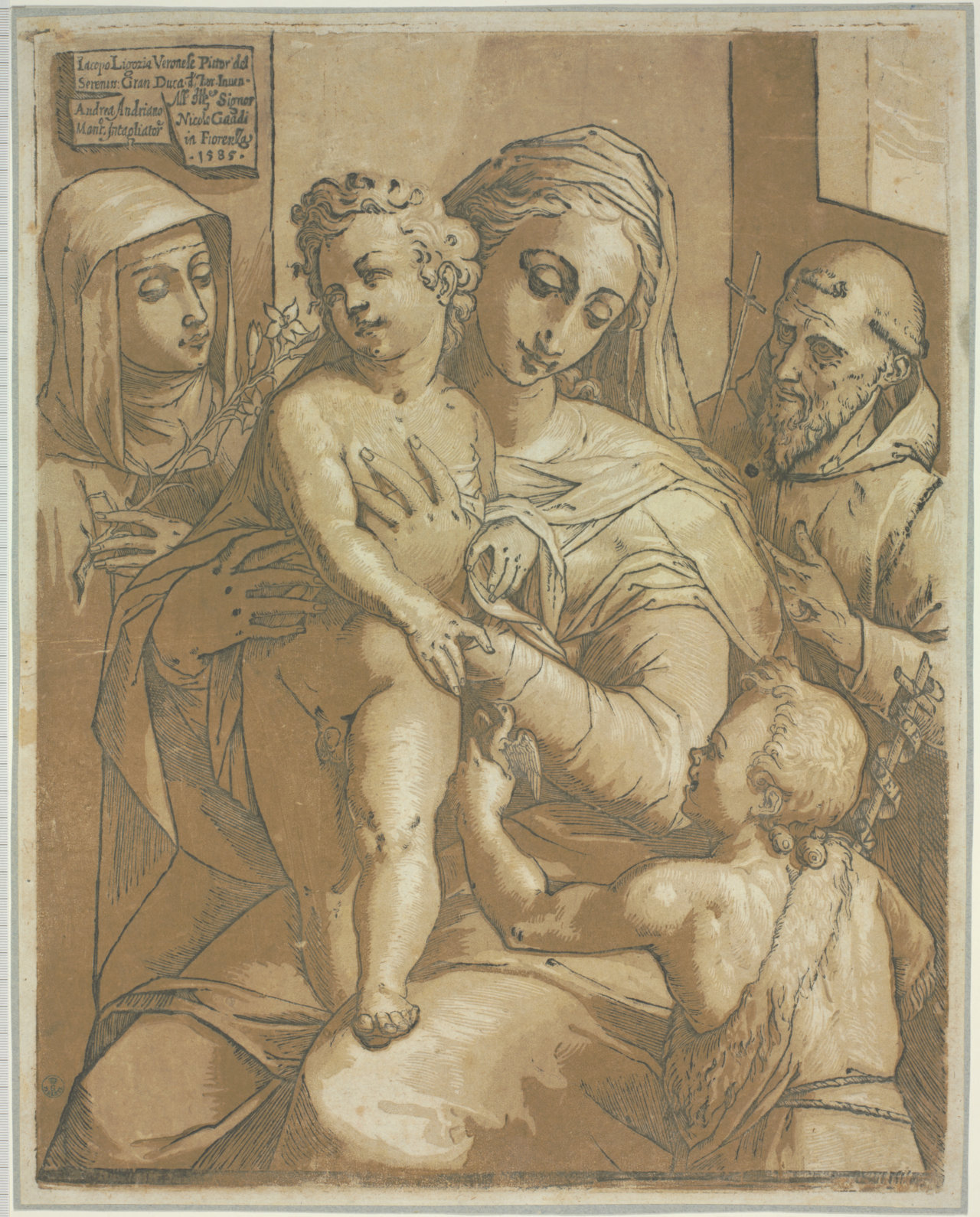 Madonna con Bambino tra i Santi Giovanni Battista, Caterina e Francesco da Siena (stampa controfondata) di Andreani Andrea, Ligozzi Jacopo (ultimo quarto XVI)