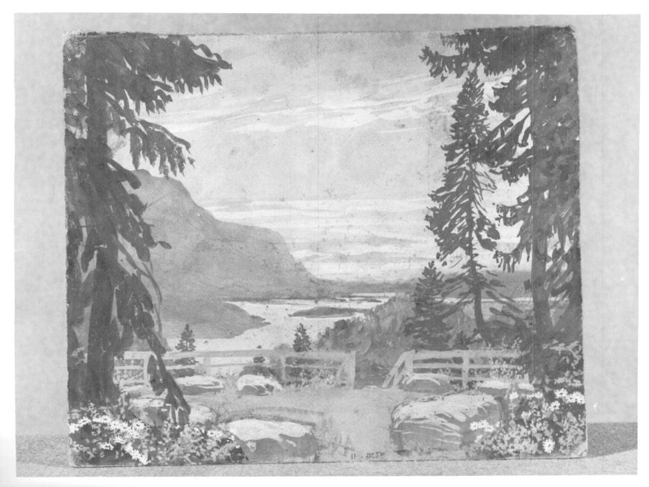 Belvedere con vista su un paesaggio nordico aperto sul fiordo (disegno per scenografia) di Gončarova Natalja (attribuito) (primo quarto XX)