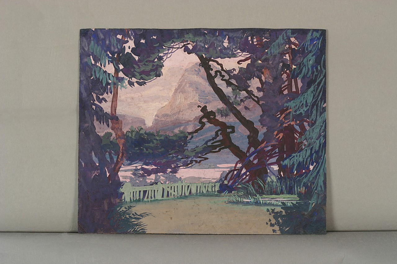 Giardino con fiordo sullo sfondo ed alberi in primo piano (disegno per scenografia, opera isolata) di Gončarova Natalja (attribuito) (primo quarto XX)