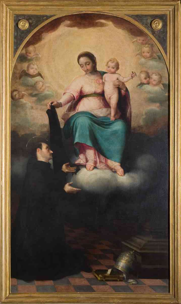 Madonna col Bambino e san Filippo Benizi, Madonna col Bambino su nuvola si rivolge al santo inginocchiato (dipinto, opera isolata) di Zucco, Francesco (attribuito) - ambito lombardo (inizio XVII)