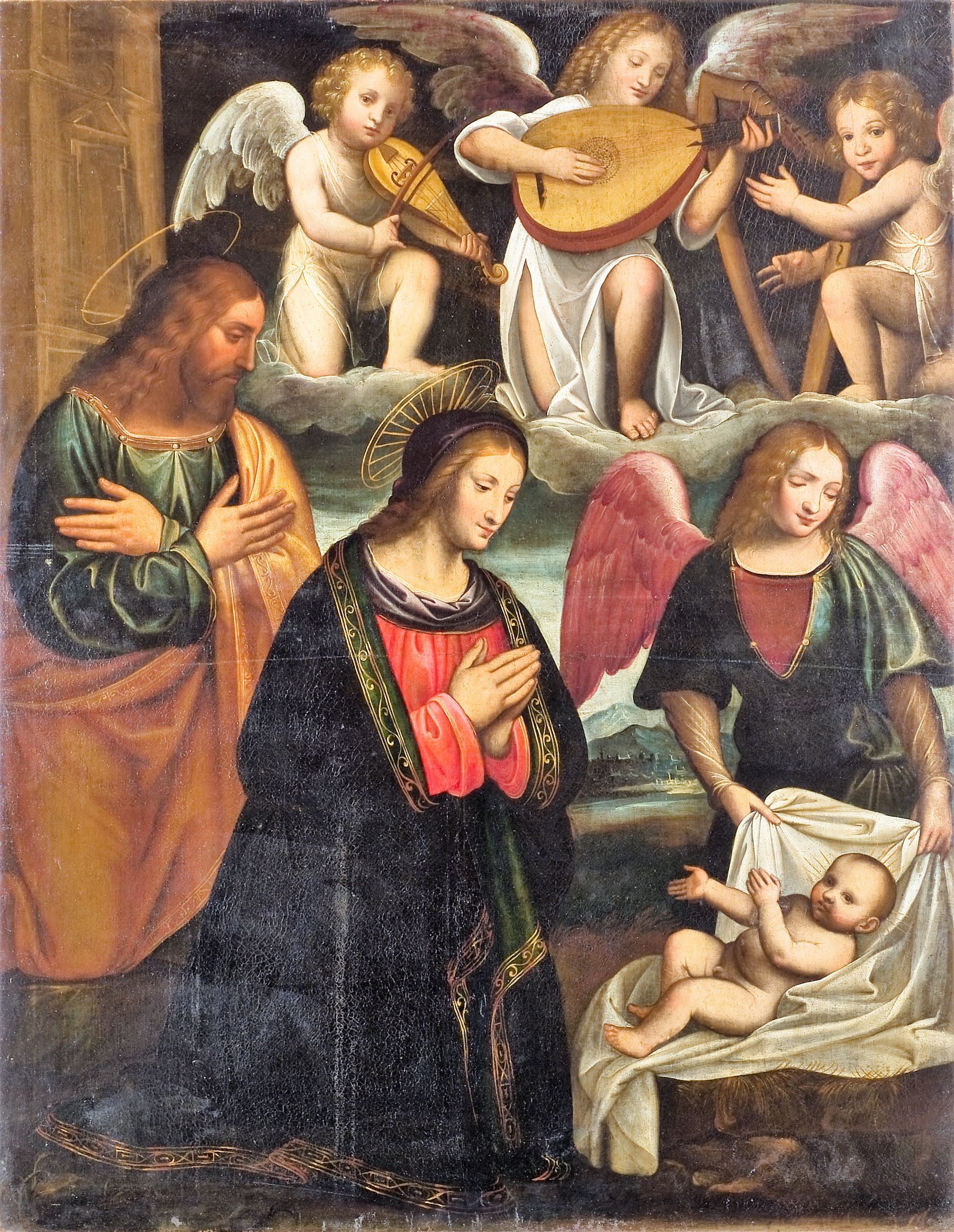 Natività di Gesù, Scena all'aperto con la Madonna, s. Giuseppe, il Bambino, 3 angeli musicanti e angelo reggi lenzuolo (dipinto, opera isolata) - ambito lombardo (ultimo quarto XVI)