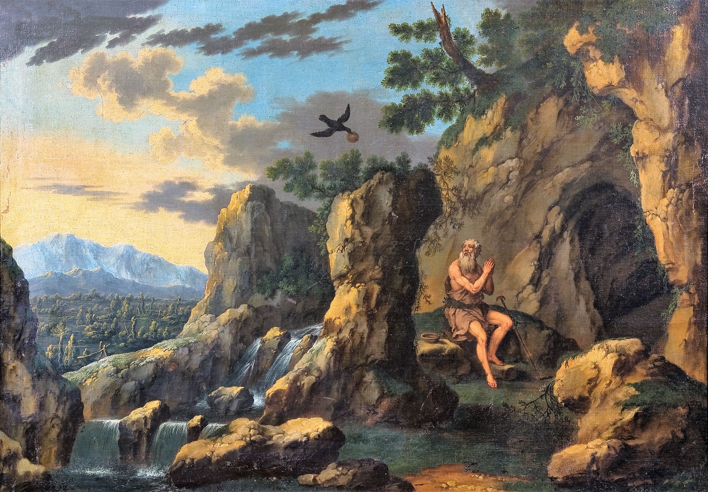 Paesaggio con Elia nutrito dal corvo (dipinto, opera isolata) di Sanz, Bernard Lucas (attribuito) - ambito bavarese (inizio XVIII)