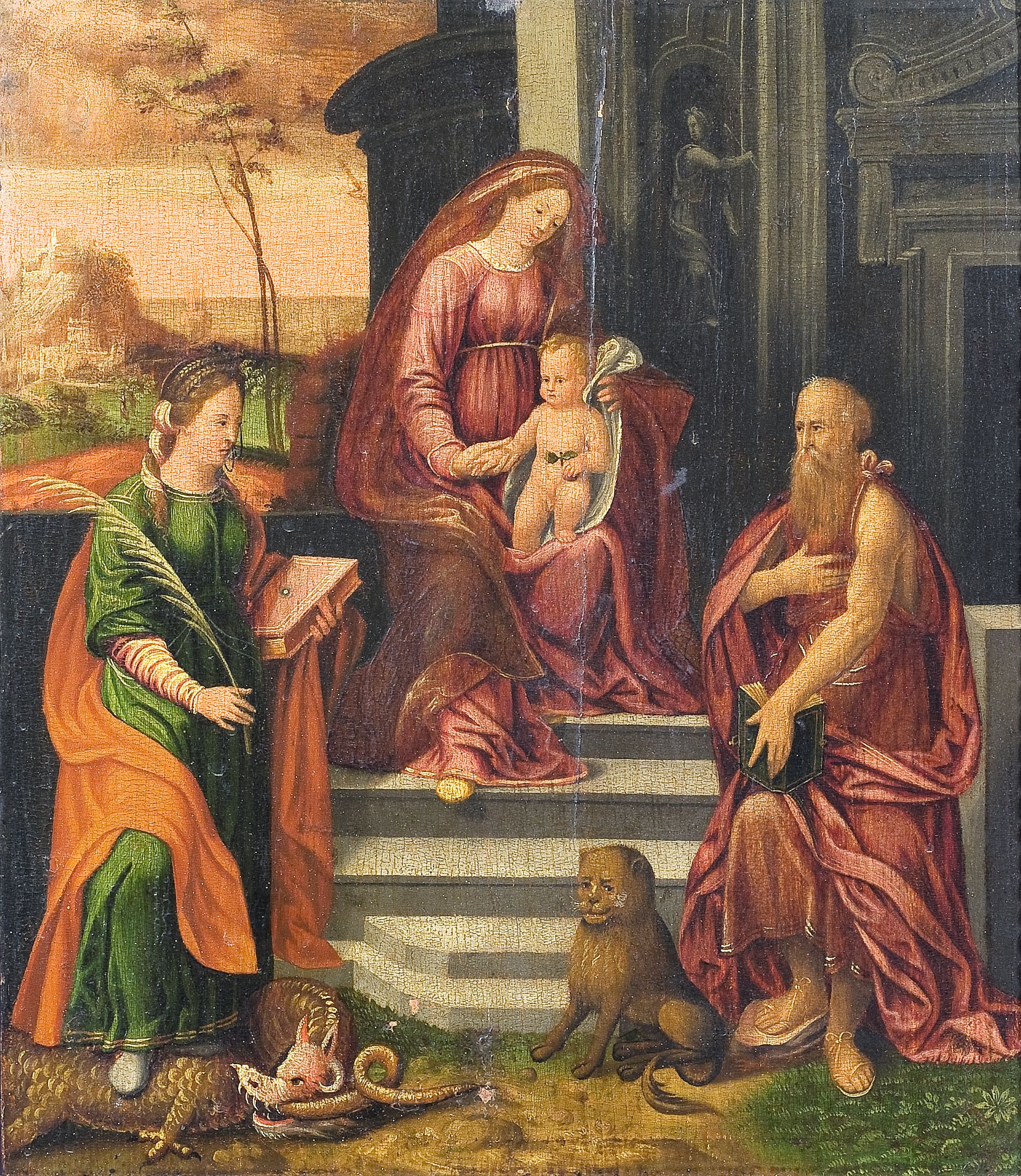Madonna col Bambino tra i santi Gerolamo e Margherita d’Antiochia (dipinto, opera isolata) di Maestro dei dodici apostoli (attribuito) - ambito ferrarese (secondo quarto XVI)