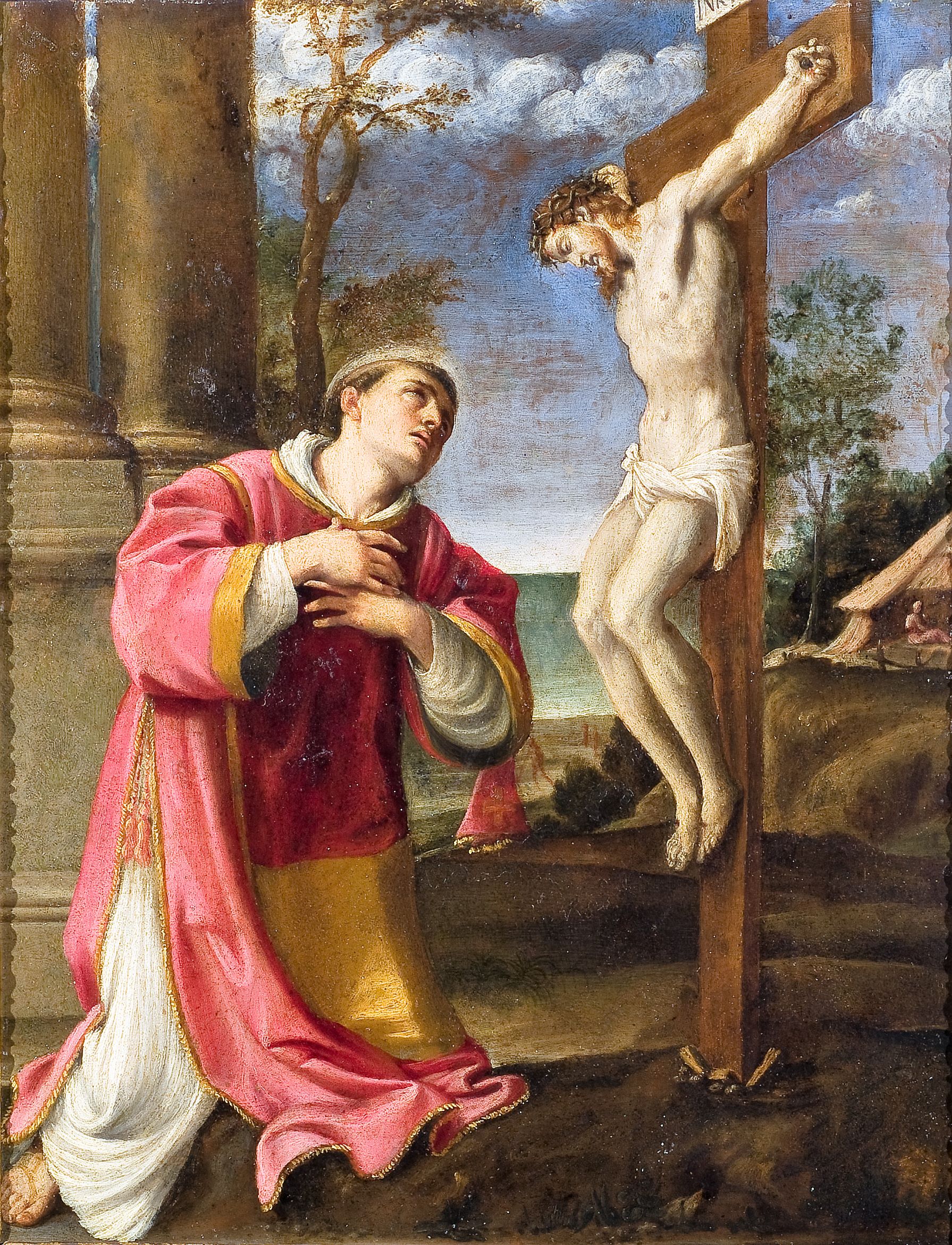 Santo Stefano in adorazione del crocifisso (dipinto, opera isolata) di Massari Lucio (attribuito) - ambito bolognese (primo quarto XVII)