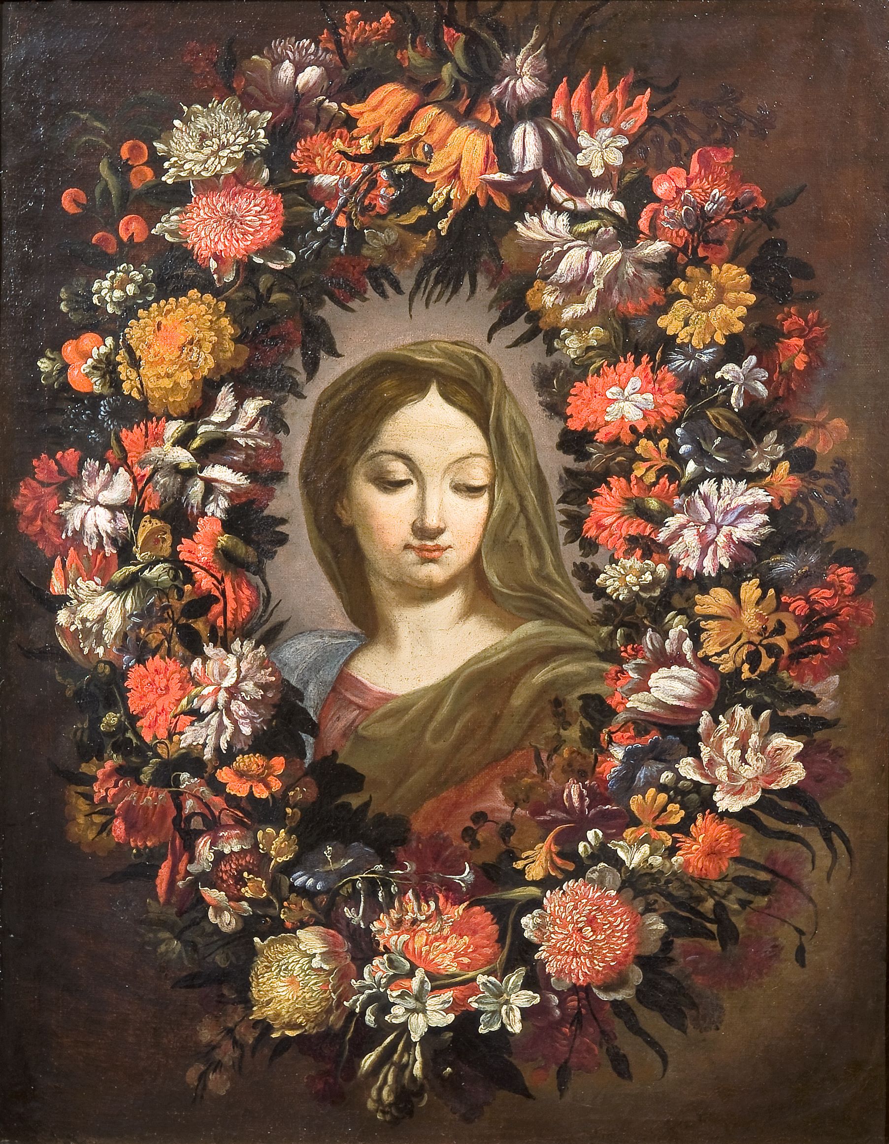Ghirlanda di fiori con al centro il volto della Vergine (dipinto, opera isolata) - ambito romano (terzo quarto XVII)