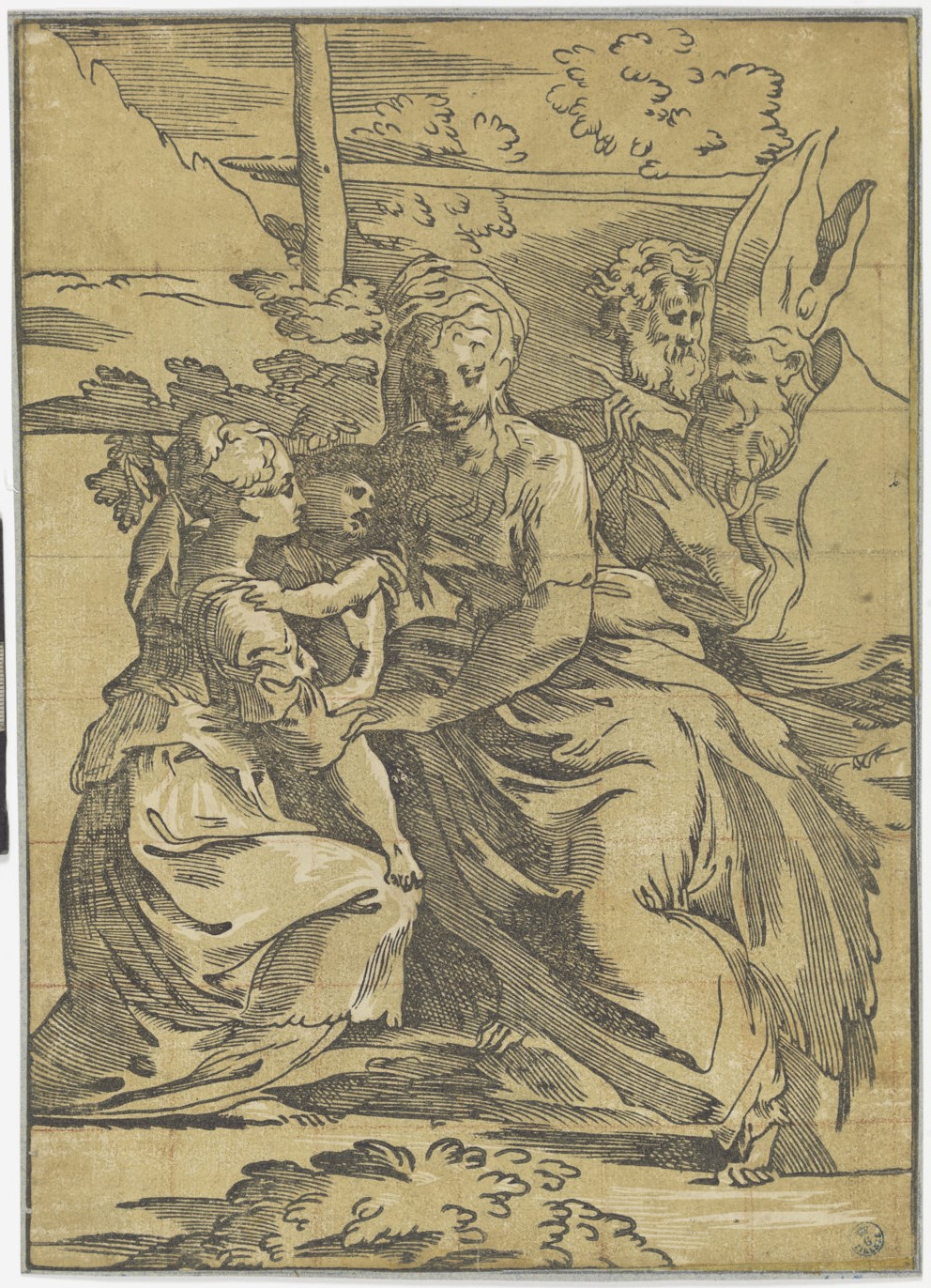 Sacra famiglia con santi (stampa controfondata smarginata) di Antonio da Trento, Vicentino Niccolò, Mazzola Francesco detto Parmigianino (secondo quarto XVI)