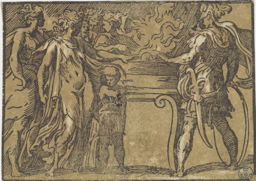 Scena sacrificale (stampa smarginata) di Antonio da Trento (attribuito), Vicentino Niccolò (attribuito), Mazzola Francesco detto Parmigianino (secondo quarto XVI)