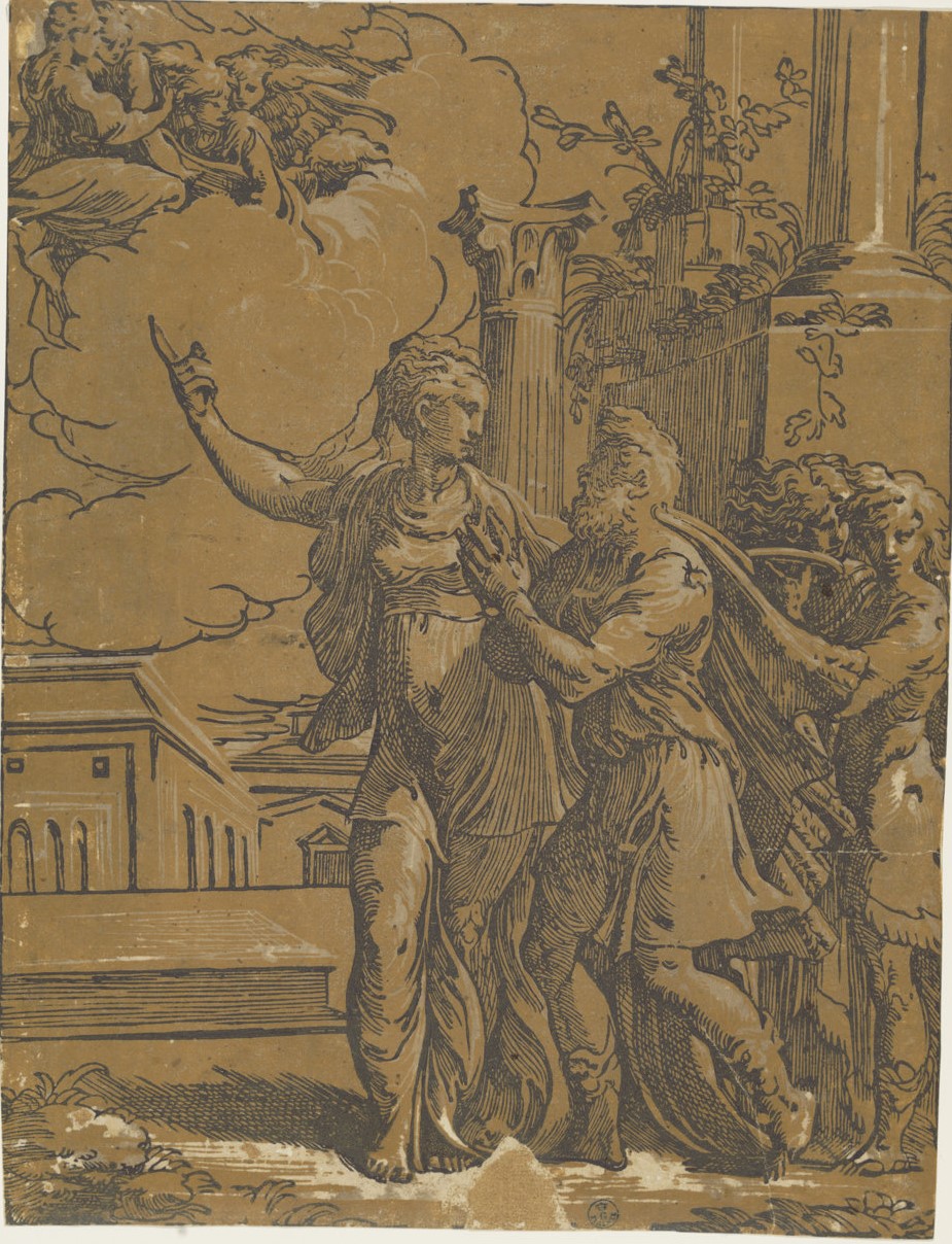 La Sibilla Tiburtina mostra la Vergine all'imperatore Augusto (stampa controfondata smarginata) di Antonio da Trento, Mazzola Francesco detto Parmigianino (secondo quarto XVI)