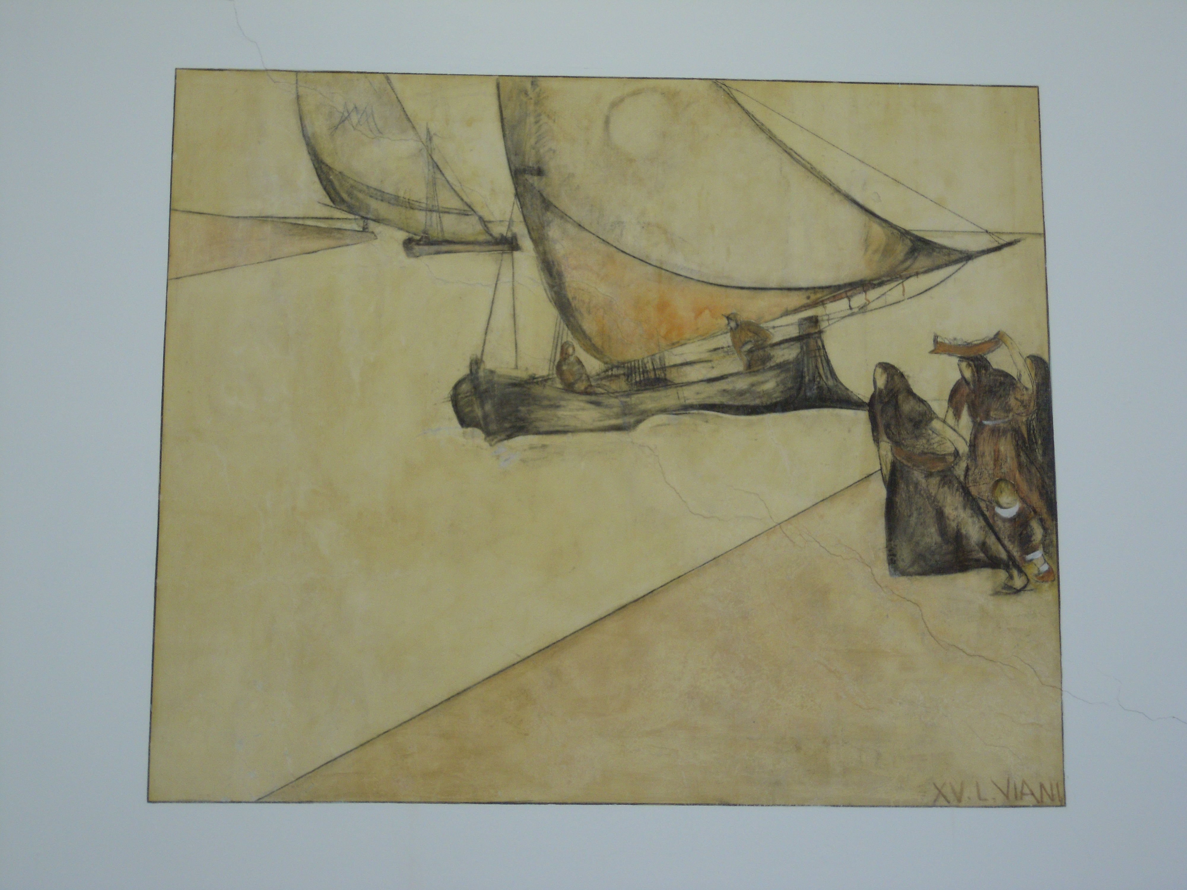 Paranze sul mare, paesaggio marino con imbarcazioni (dipinto, complesso decorativo) di Viani Lorenzo (sec. XX)