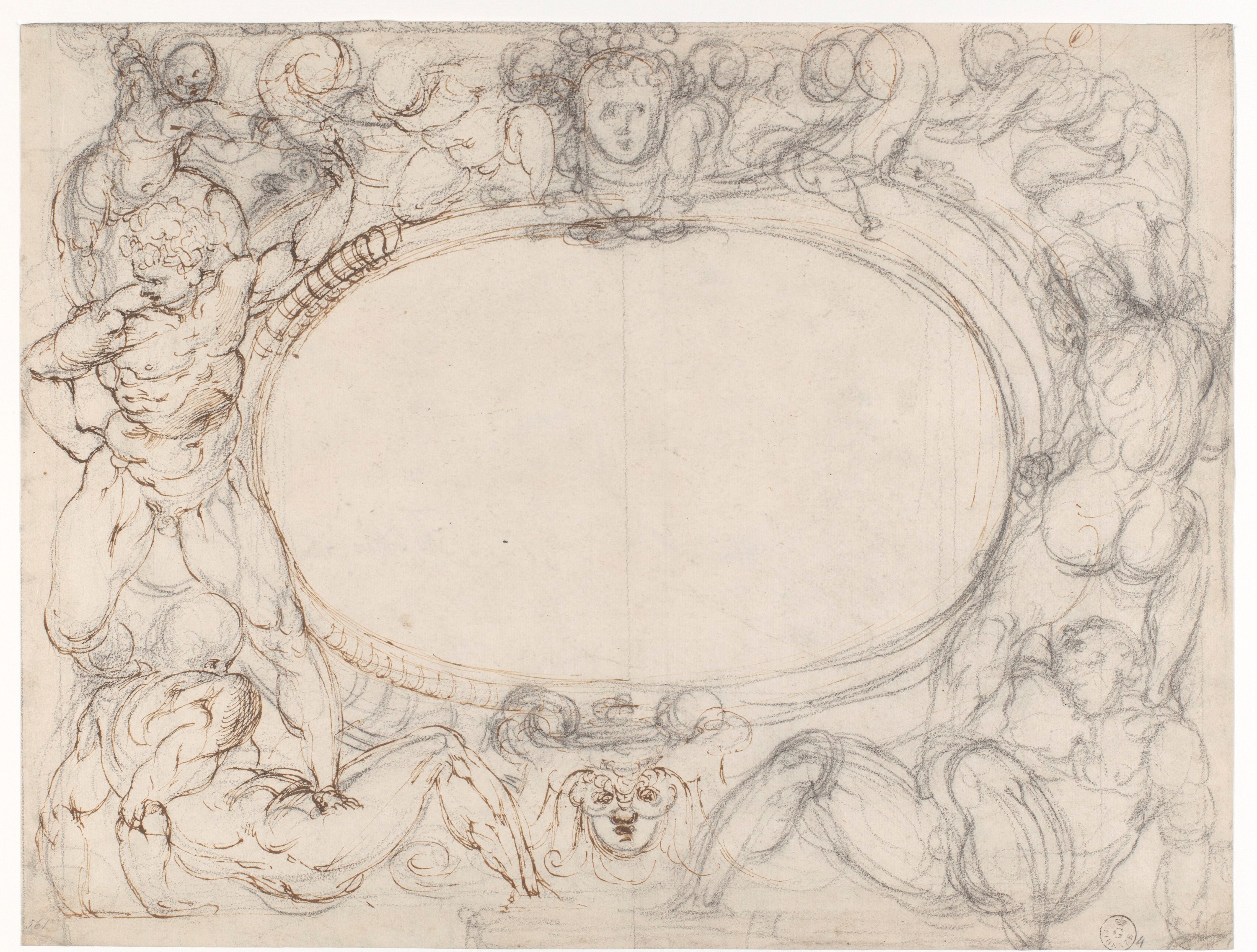 Studio per una composizione ornamentale (r.), Un cerchio con sopra una specie di scala (v.) (disegno) di Allori Alessandro (XVI)