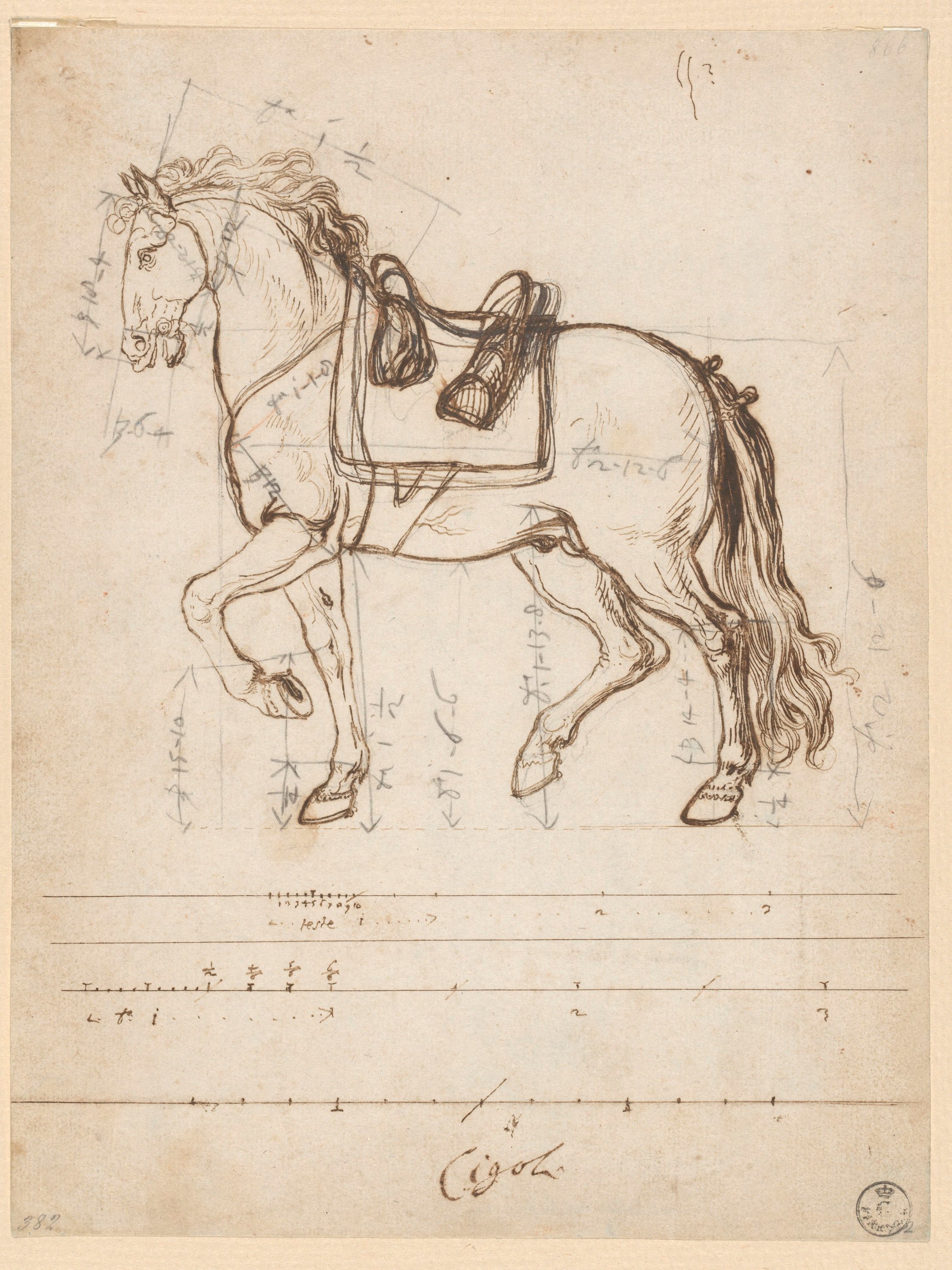 (r.) Cavallo sellato con varie numerazioni, (v.) Cavallo visto di fronte (disegno) di Cardi Ludovico detto Cigoli (XVII)
