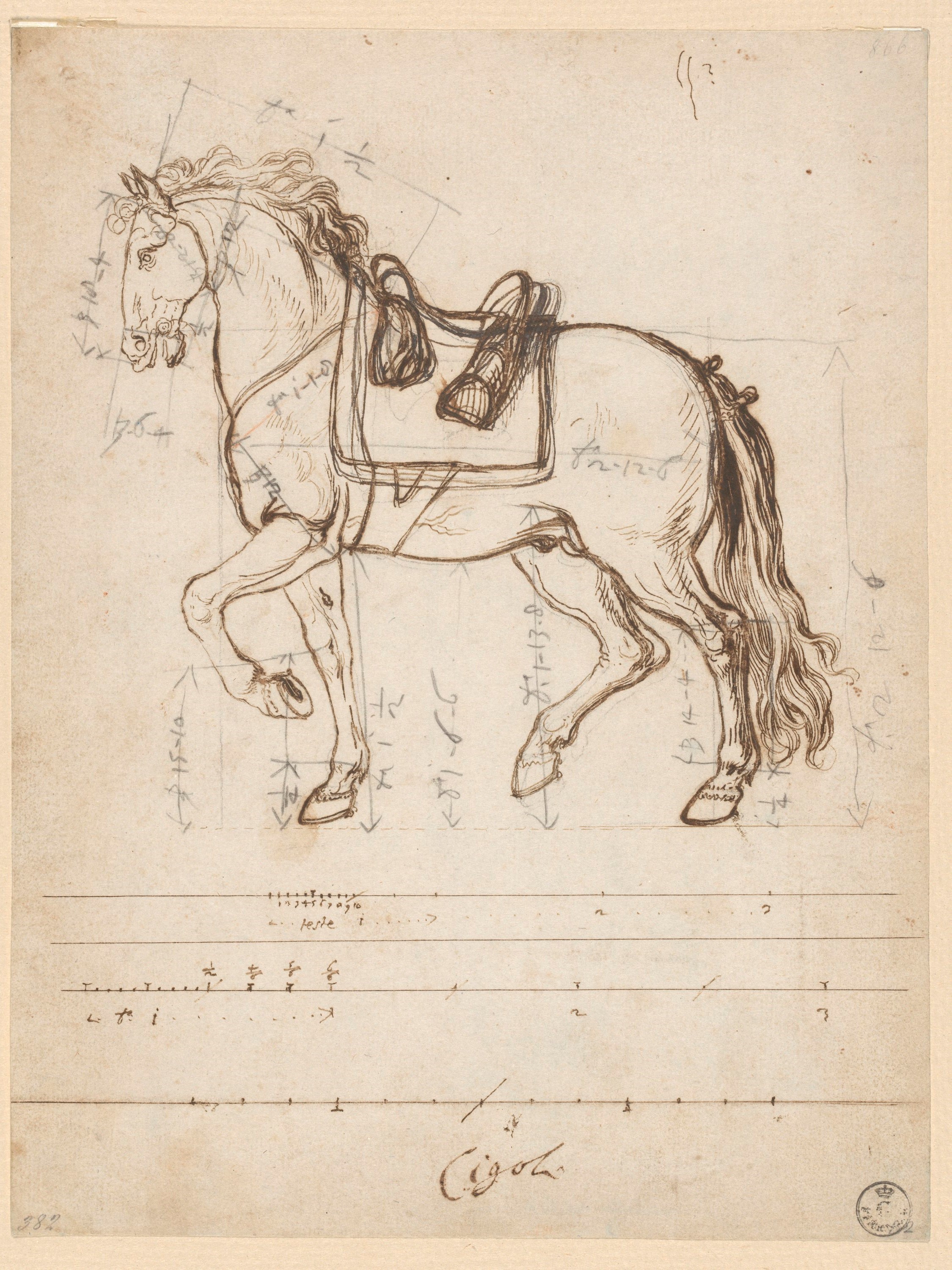 (r.) Cavallo sellato con varie numerazioni, (v.) Cavallo visto di fronte (disegno) di Cardi Ludovico detto Cigoli (XVII)