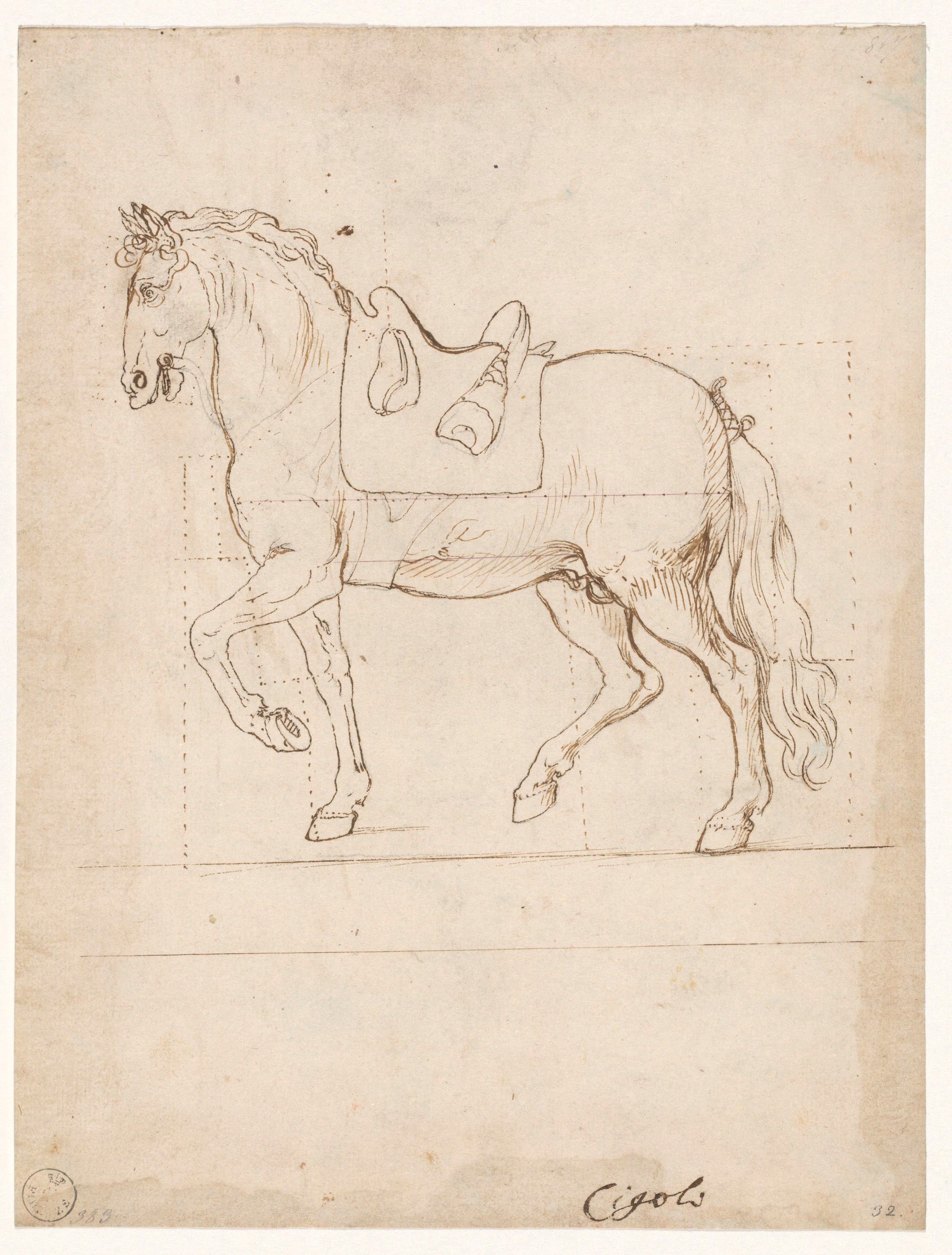 Cavallo sellato di profilo verso sinistra (disegno) di Cardi Ludovico detto Cigoli (XVII)