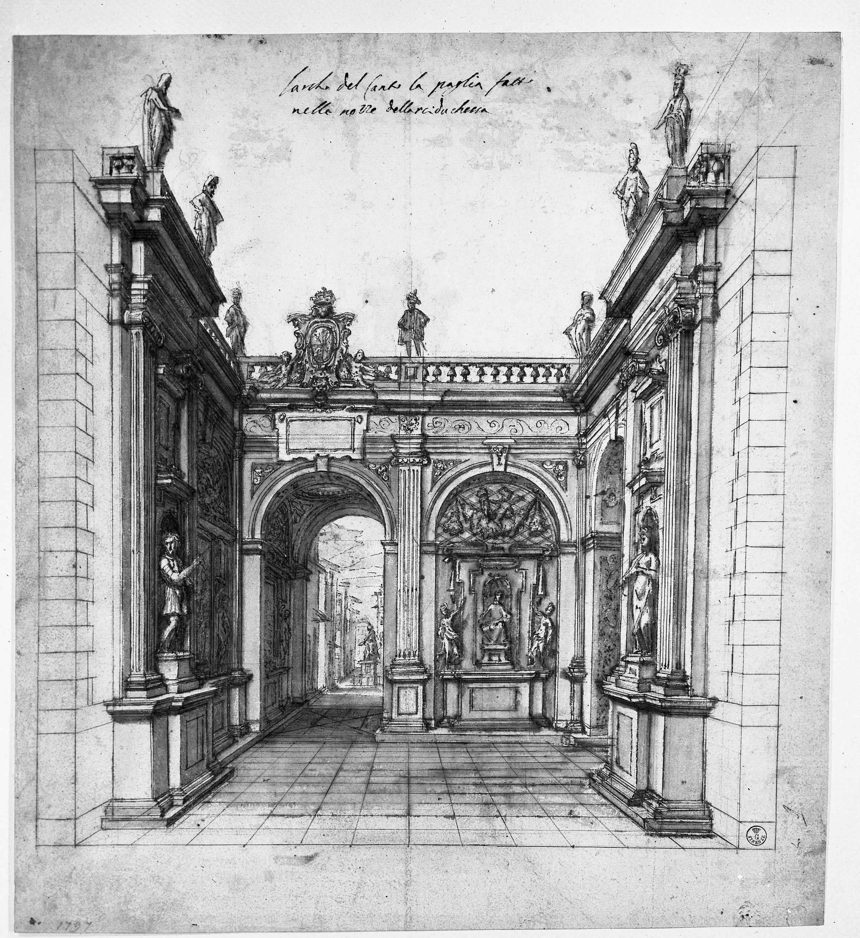 (r.) Studio scenografico dell'arco alla Paglia, (v.) Studio per l'interno dell'arco suddetto (disegno) di Cardi Ludovico detto Cigoli (XVII)