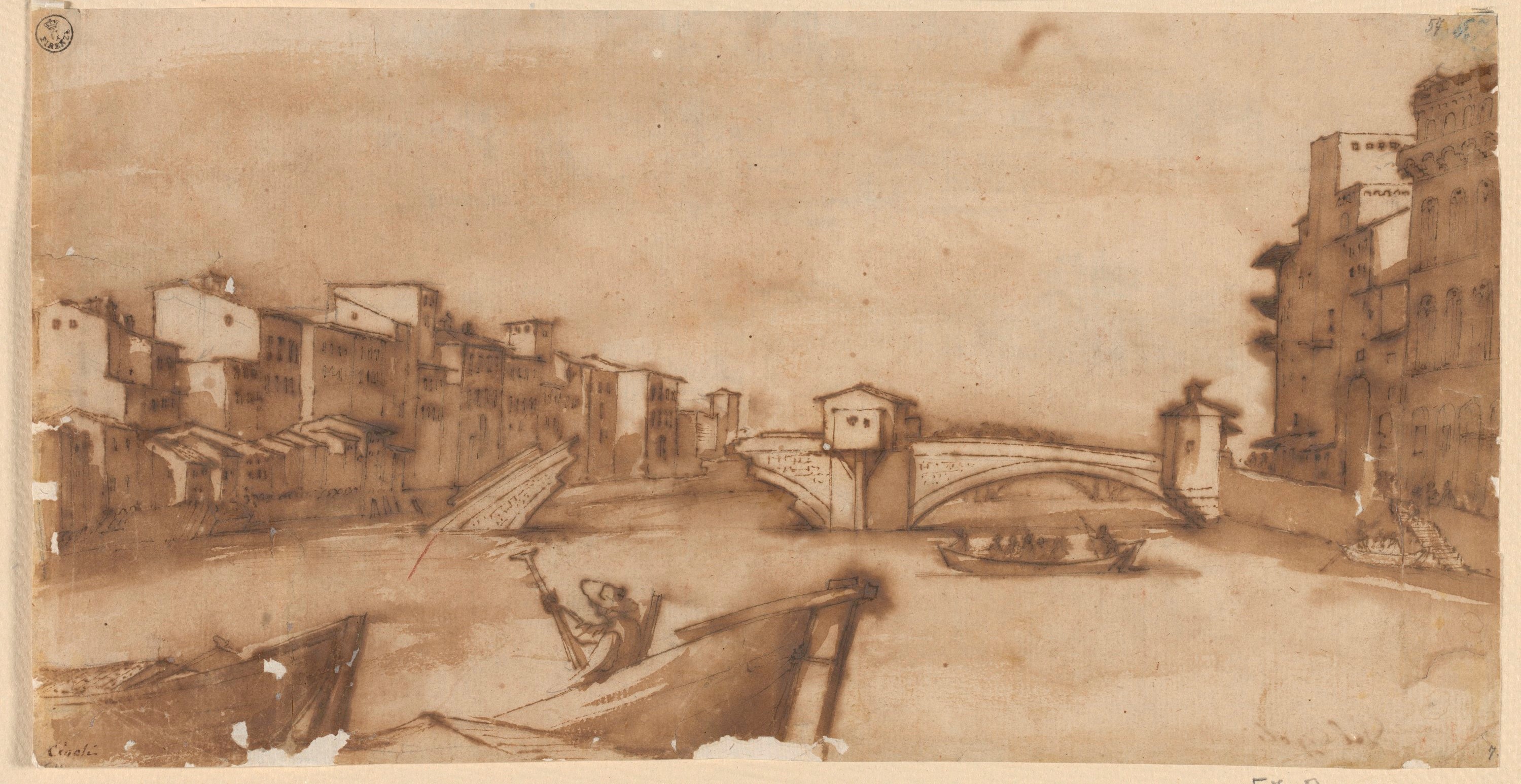 (r.) Veduta del Ponte alle Grazie rovinato, (v.) Paesaggio fluviale (disegno) di Del Bianco Baccio (fine XVI)