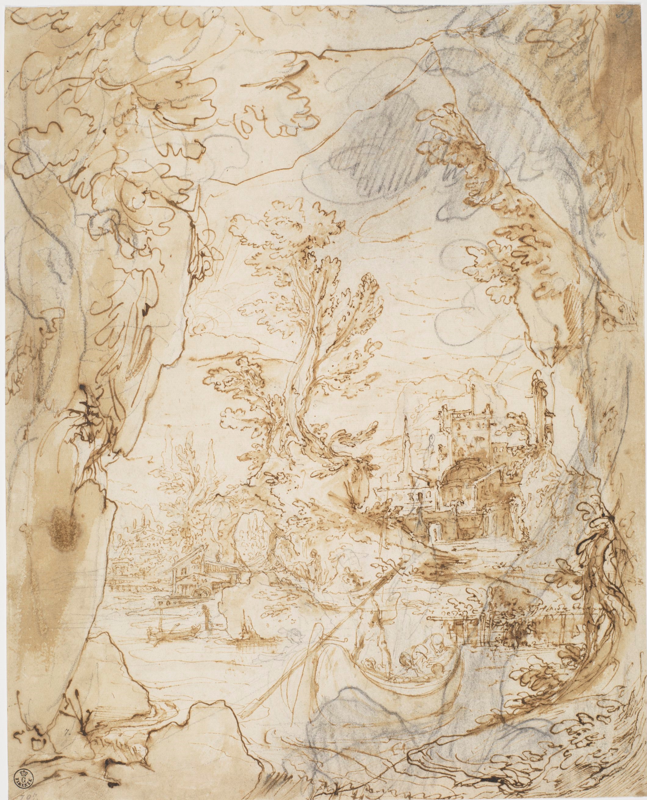 (r.) Paesaggio con figure in barca, (v.) Piccolo schizzo di architettura (disegno) di Cardi Ludovico detto Cigoli (inizio XVII)