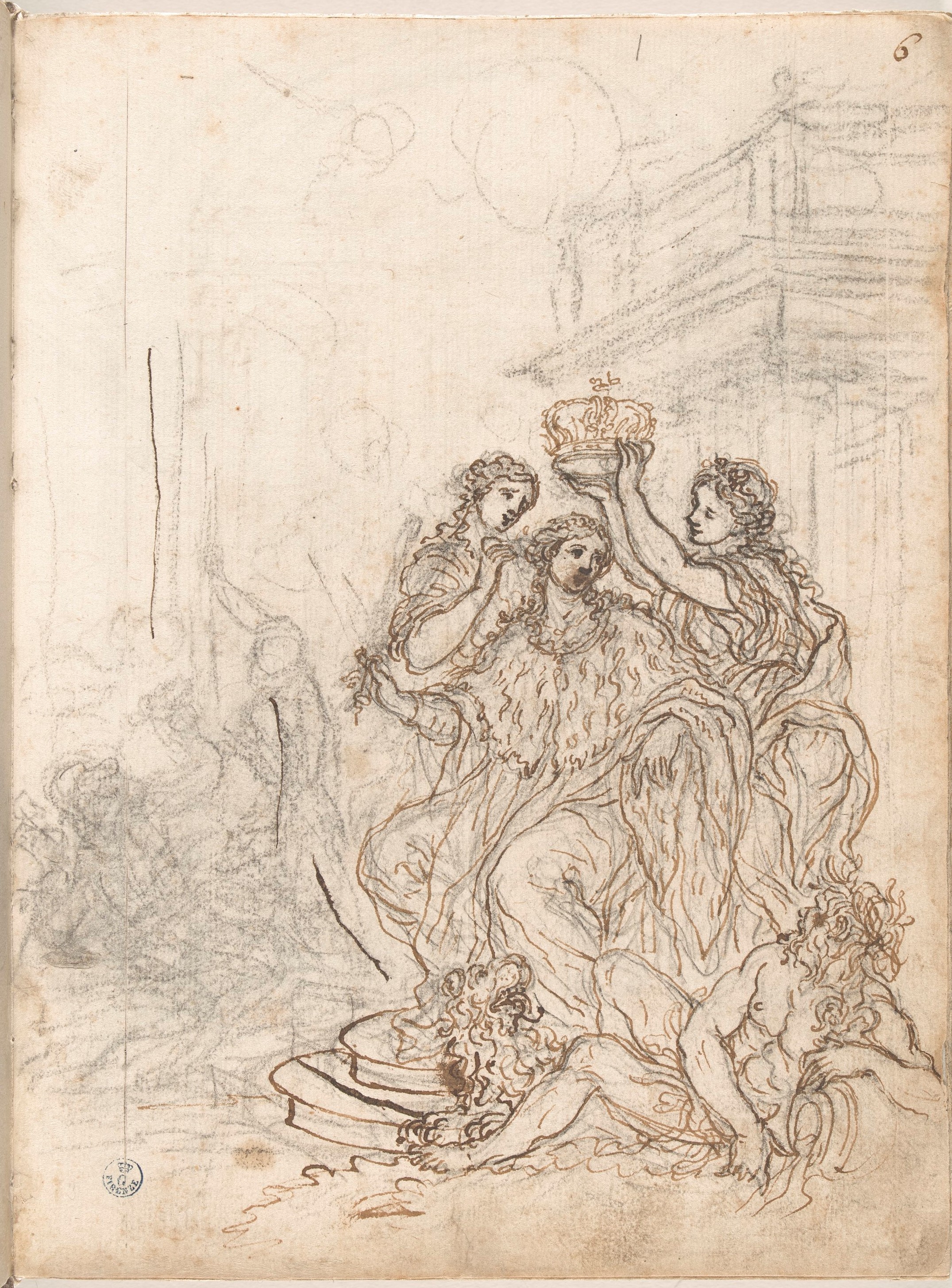 (r.) Scena allegorica con la Toscana che viene incoronata, (v.) Decorazione di parete (disegno) di Foggini Giovanni Battista (XVIII)