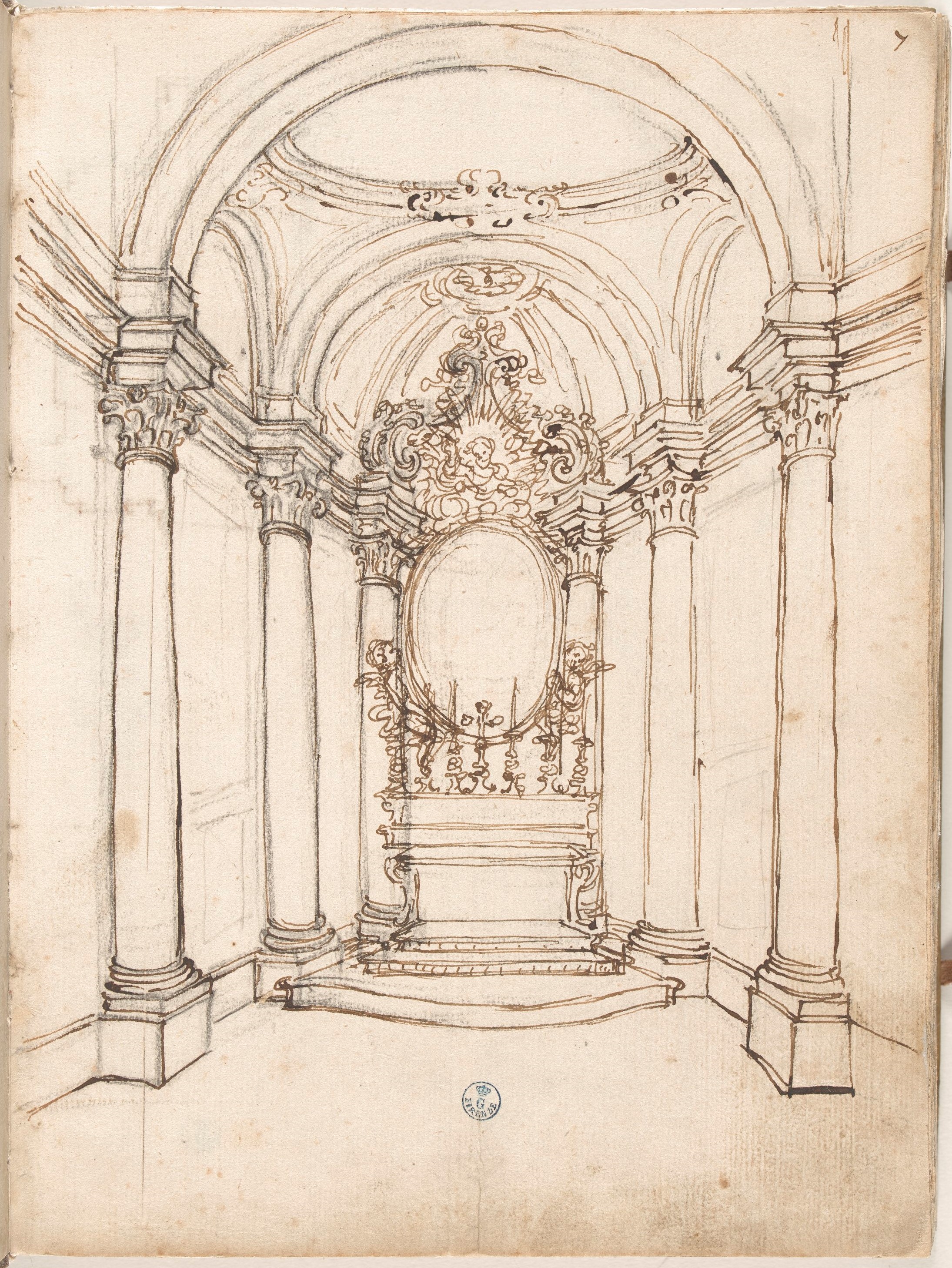 (r.) Interno di cappello a cupola, (v.) Piante quadrangolari e gambe di tavolo (disegno) di Foggini Giovanni Battista (XVIII)