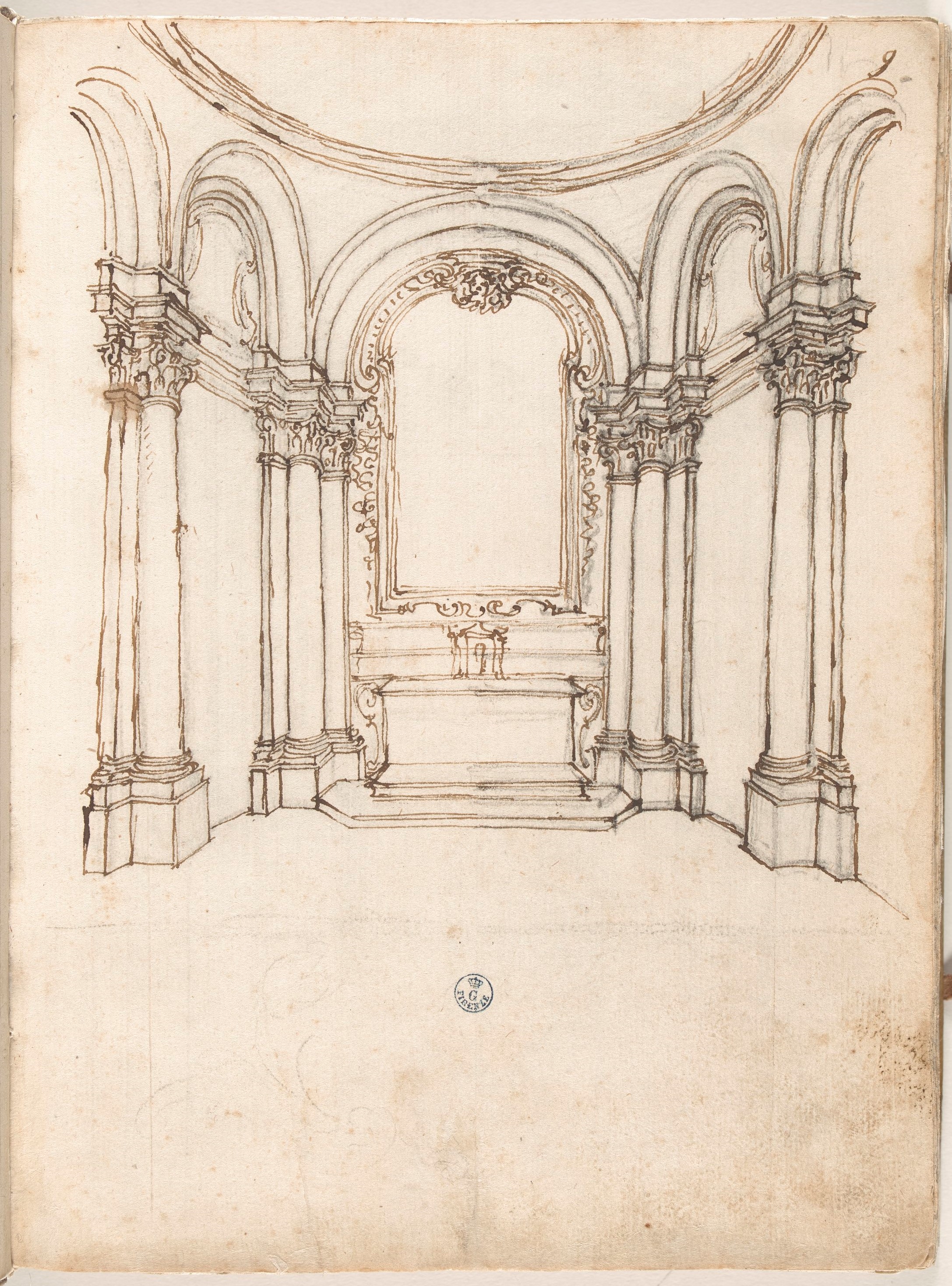 (r.) Interno di cappella e cupola, (v.) Accenno di interno religioso, di piante e particolare architettonico (disegno) di Foggini Giovanni Battista (XVIII)