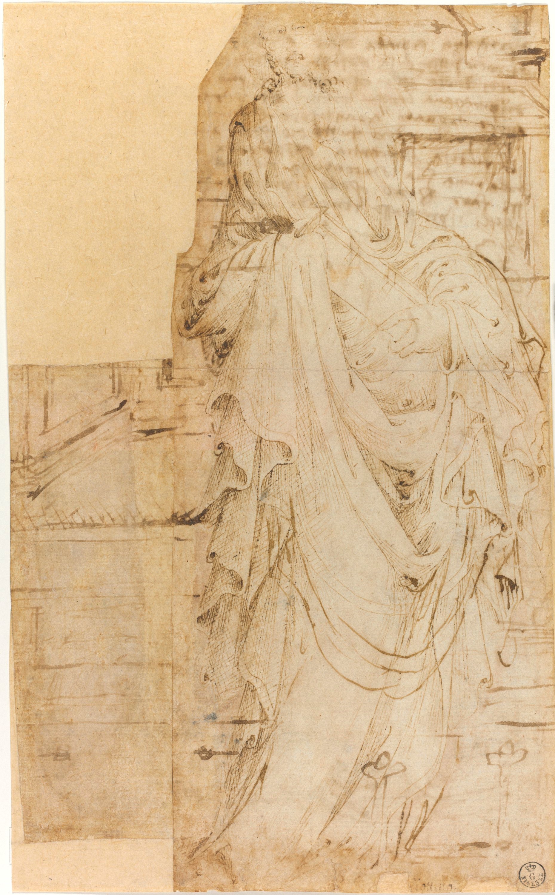(r.) Figura di Santo in piedi, (V.) Figura di frate seduto (disegno) di Spinelli Parri (prima metà XV)