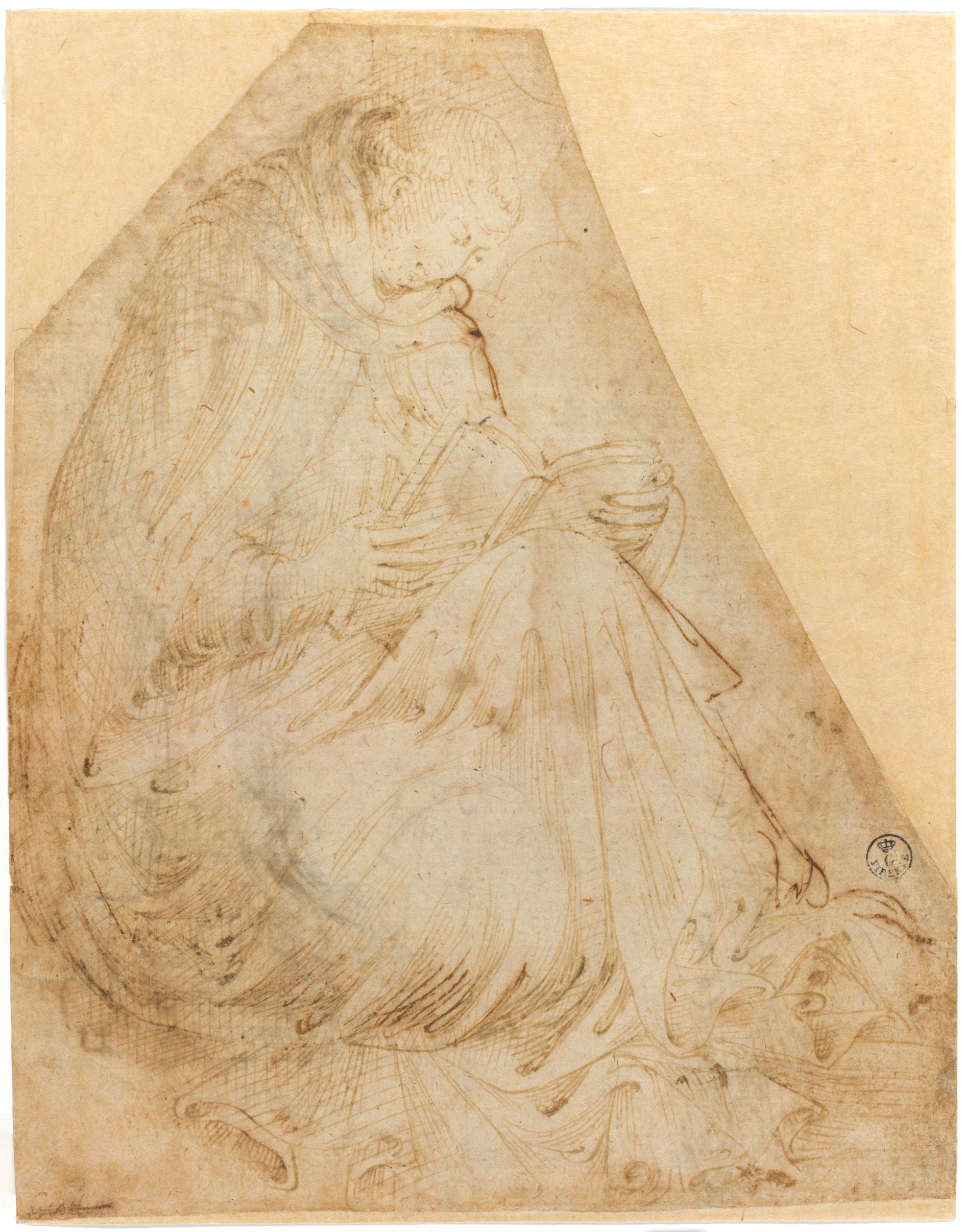 (r.) Figura di frate seduto, (v.) Pila dell'acqua santa (?) e panneggio (disegno) di Spinelli Parri (prima metà XV)