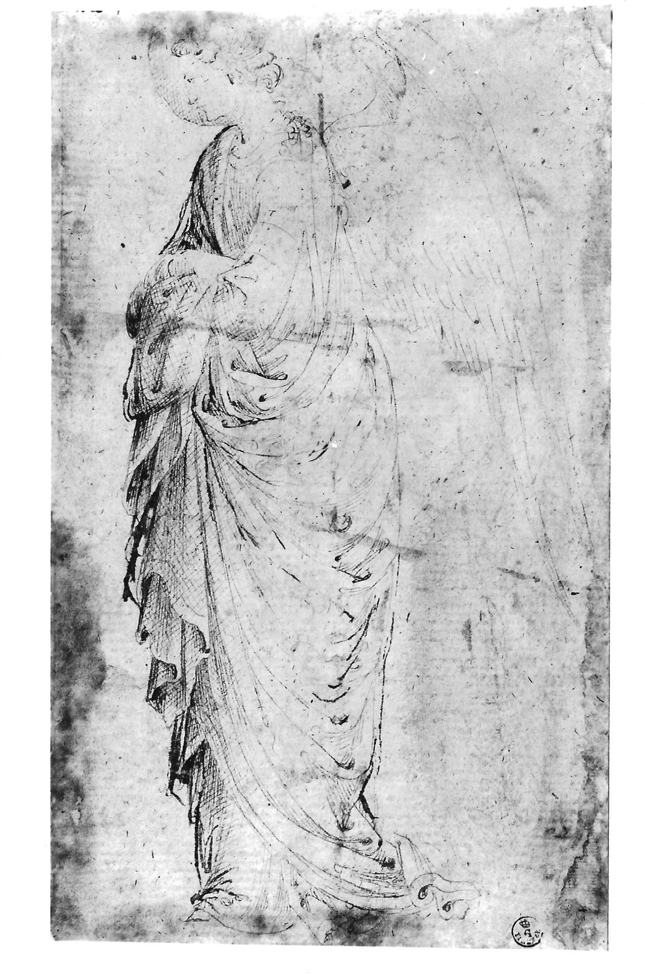 (r.) Angelo, (v.) Figura in piedi e piccola figura a lato, testa di donna (disegno) di Spinelli Parri (prima metà XV)