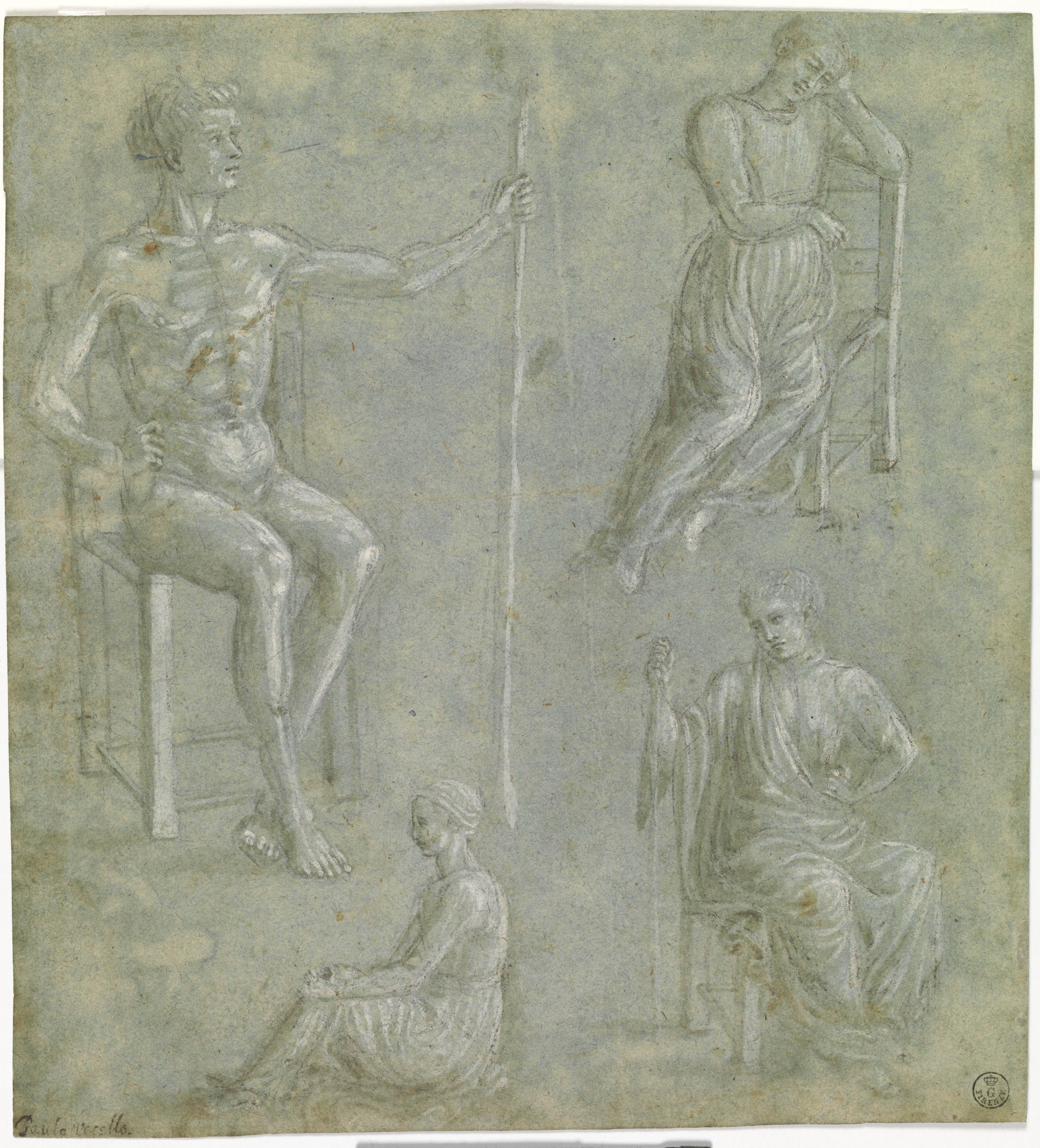 (r.) Figura virile seduta e tre donne panneggiate pure sedute, (v.) Quattro figure muliebri sedute (disegno) - ambito fiorentino (terzo quarto XV)