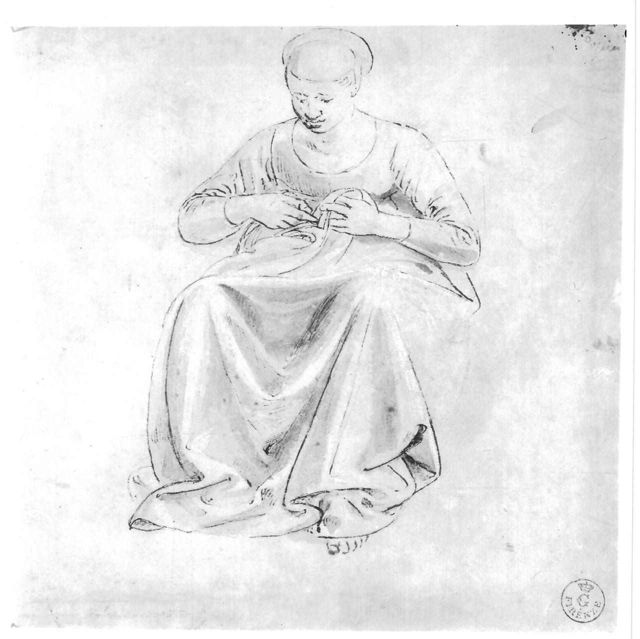 Donna seduta che cuce (disegno) - ambito fiorentino (XV)