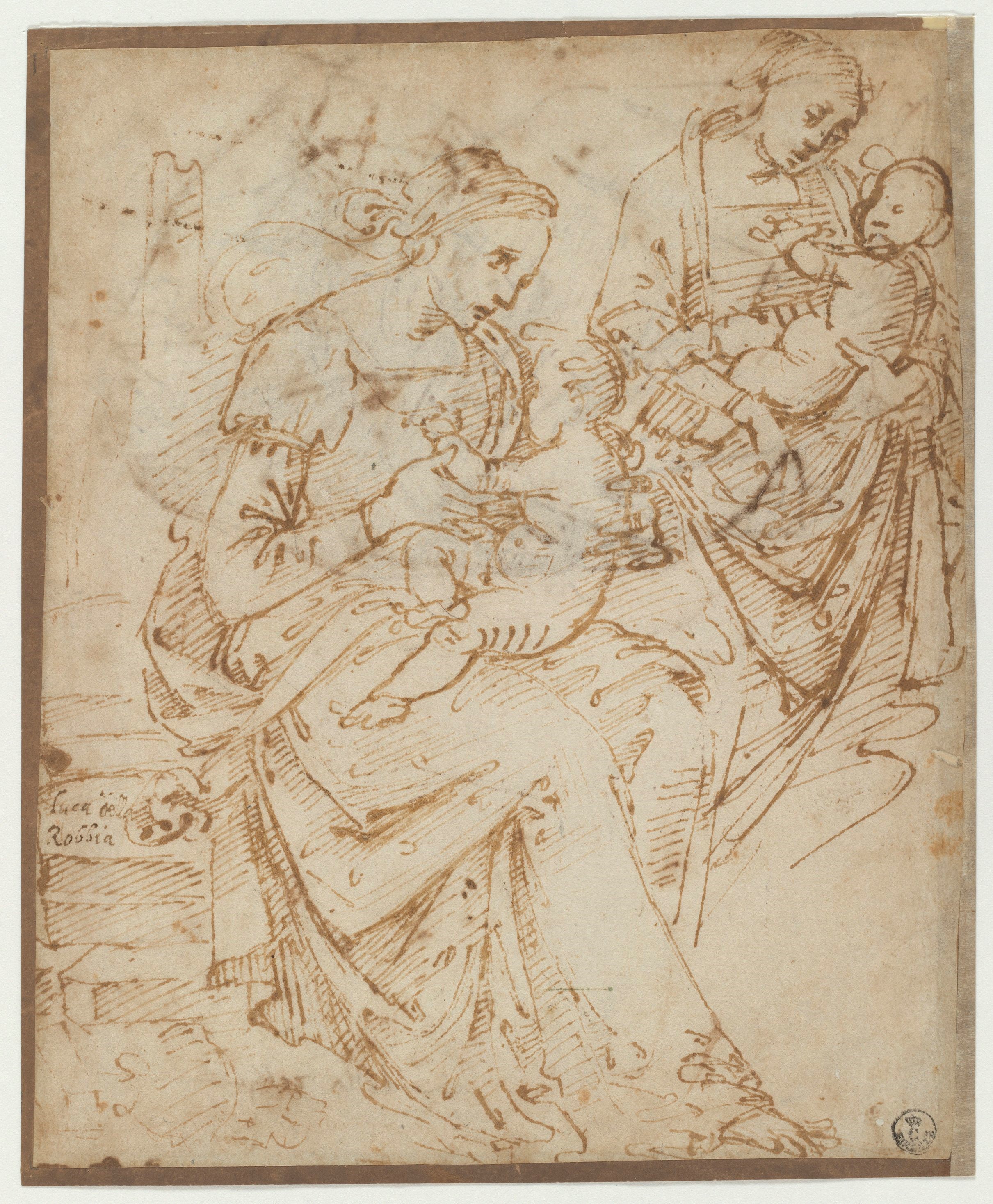 (r.) Due studi per la Madonna col Bambino, (v.) Studio frammentato di figura virile seduta (disegno) di Vannucci Pietro detto Perugino (XV)