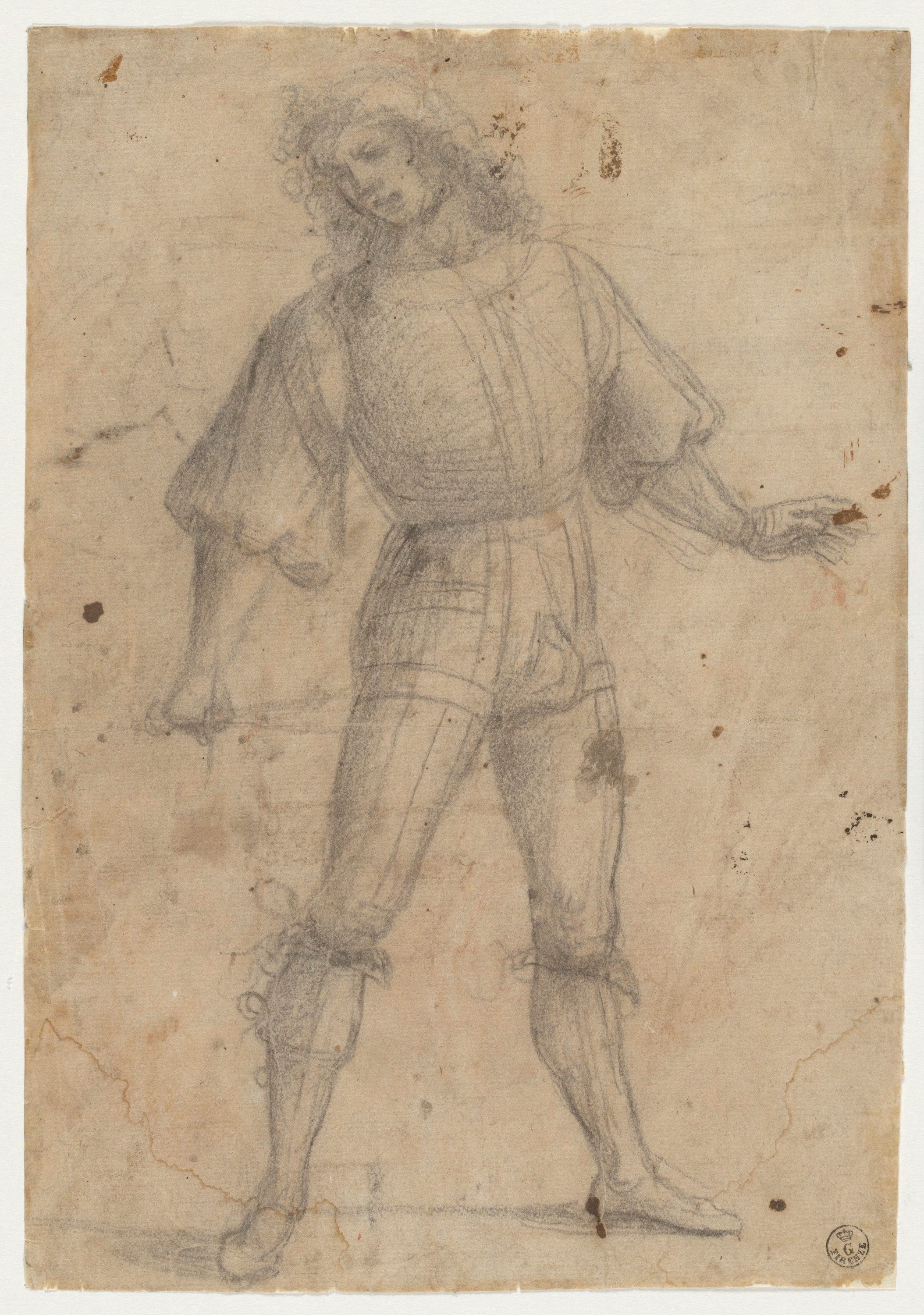 (r.) Uomo giovane in piedi con le gambe divaricate, (v.) Schizzi di due teste (disegno) di Signorelli Luca (fine/ inizio XV/ XVI)