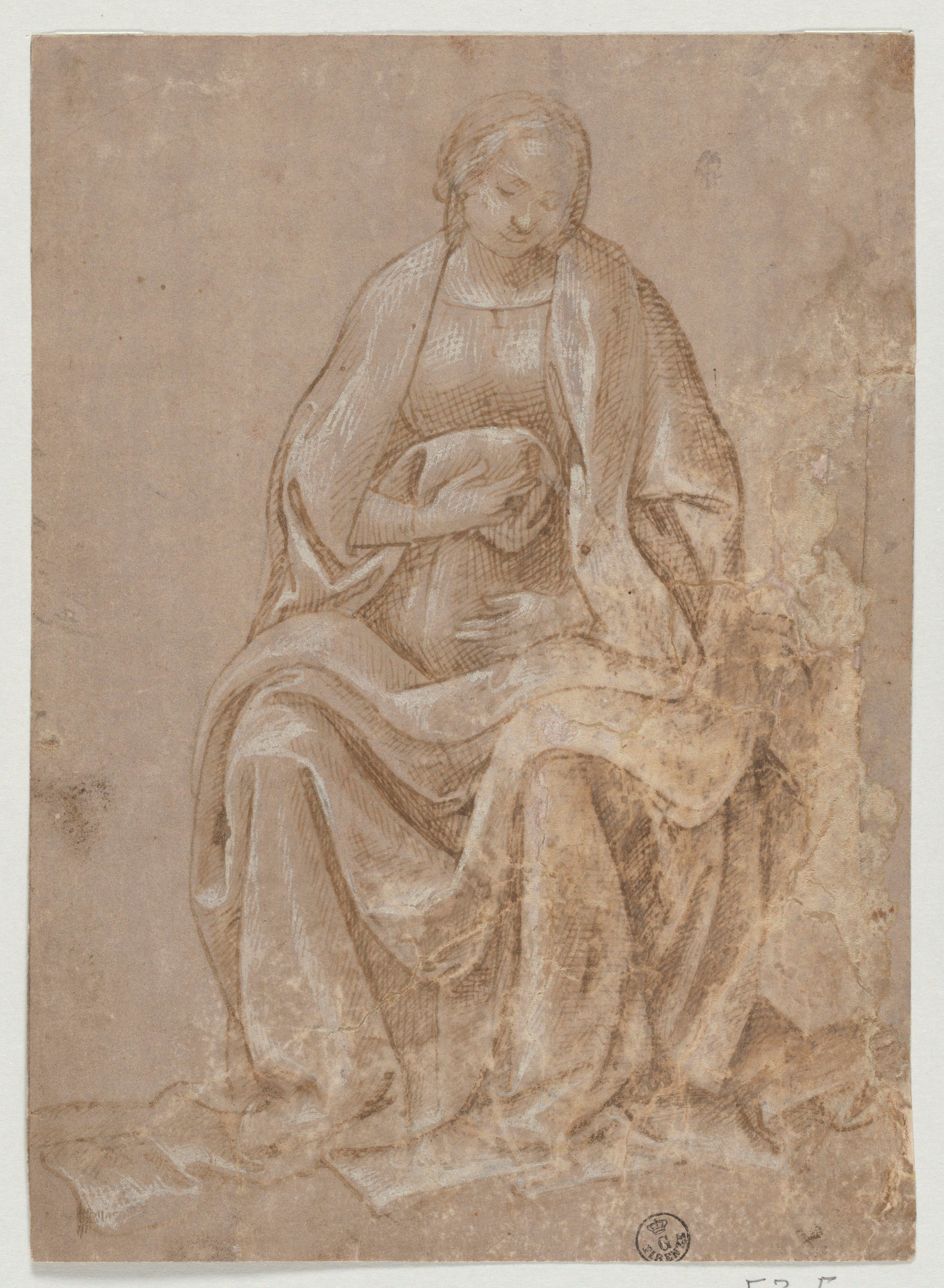 (r.) Giovane donna seduta di faccia, (v.) La parte sinistra di tre bande di motivi decorativi tipo "grotteschi" (disegno) di Signorelli Luca (fine XV)