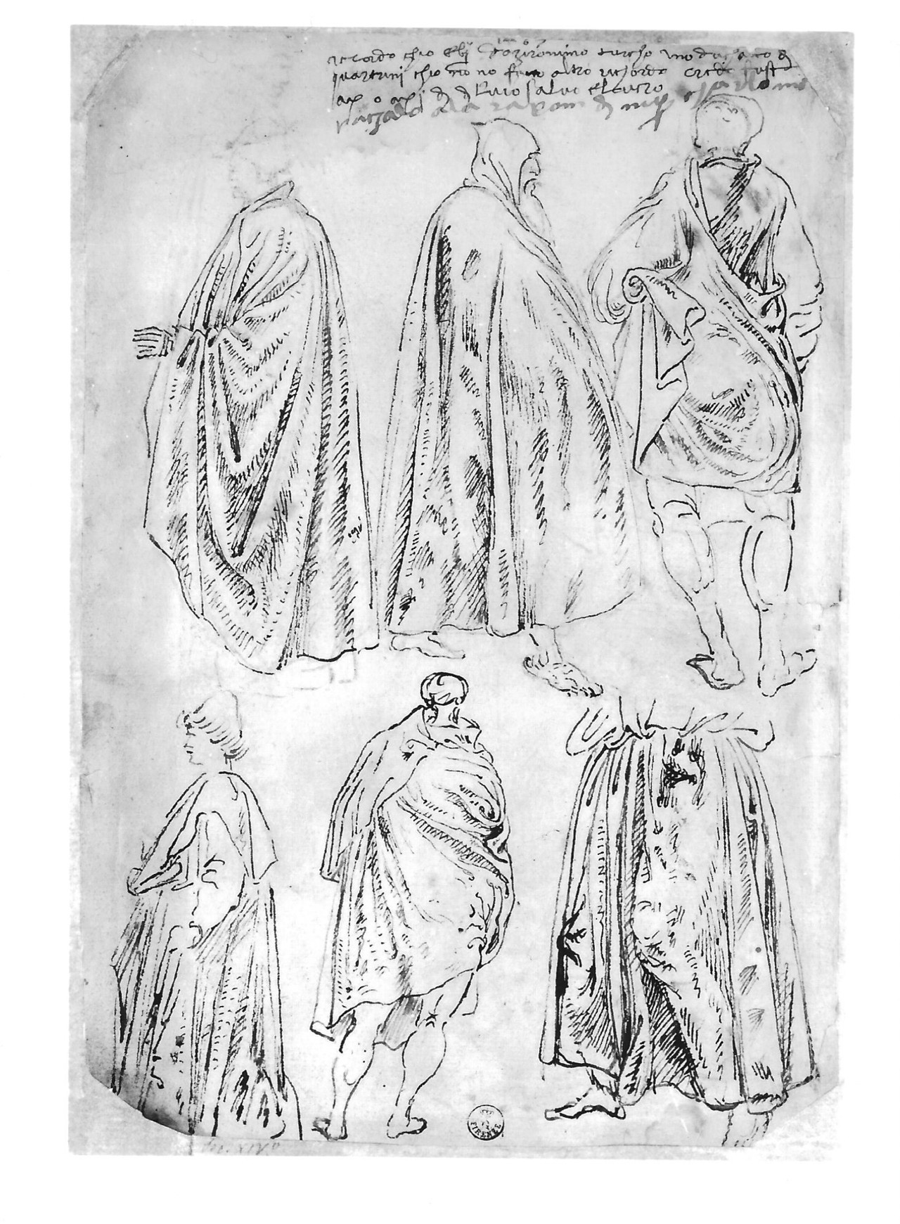 (r.) Sei studi di figure panneggiate in piedi, (v.) Cinque studi di figure panneggiate di cui una seduta (disegno) - ambito bolognese (metà XV)
