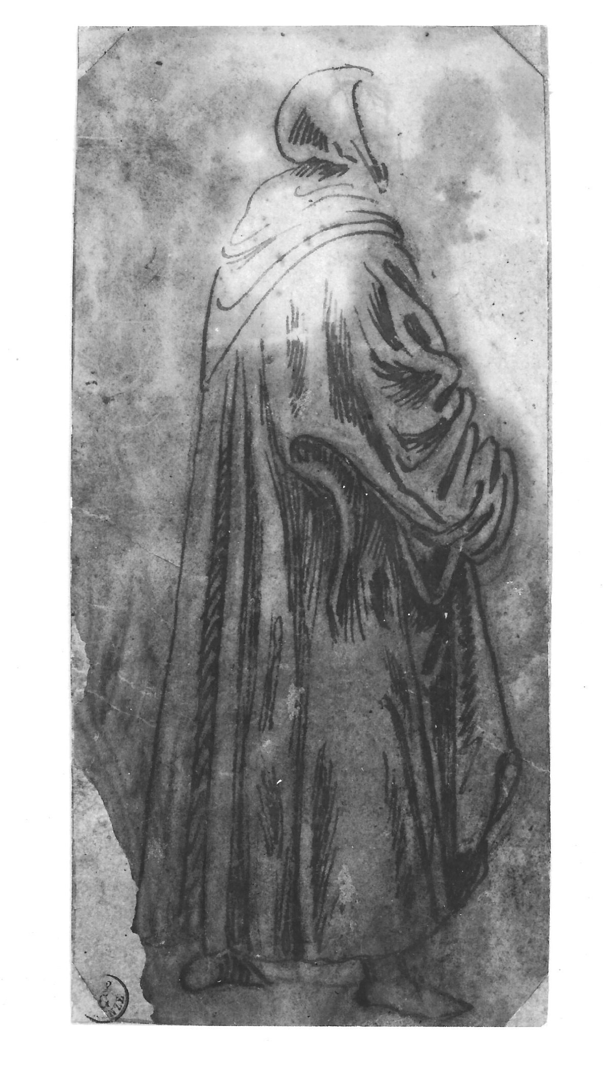 Figura in piedi con mantello e cappuccio (disegno) - ambito bolognese (metà XV)
