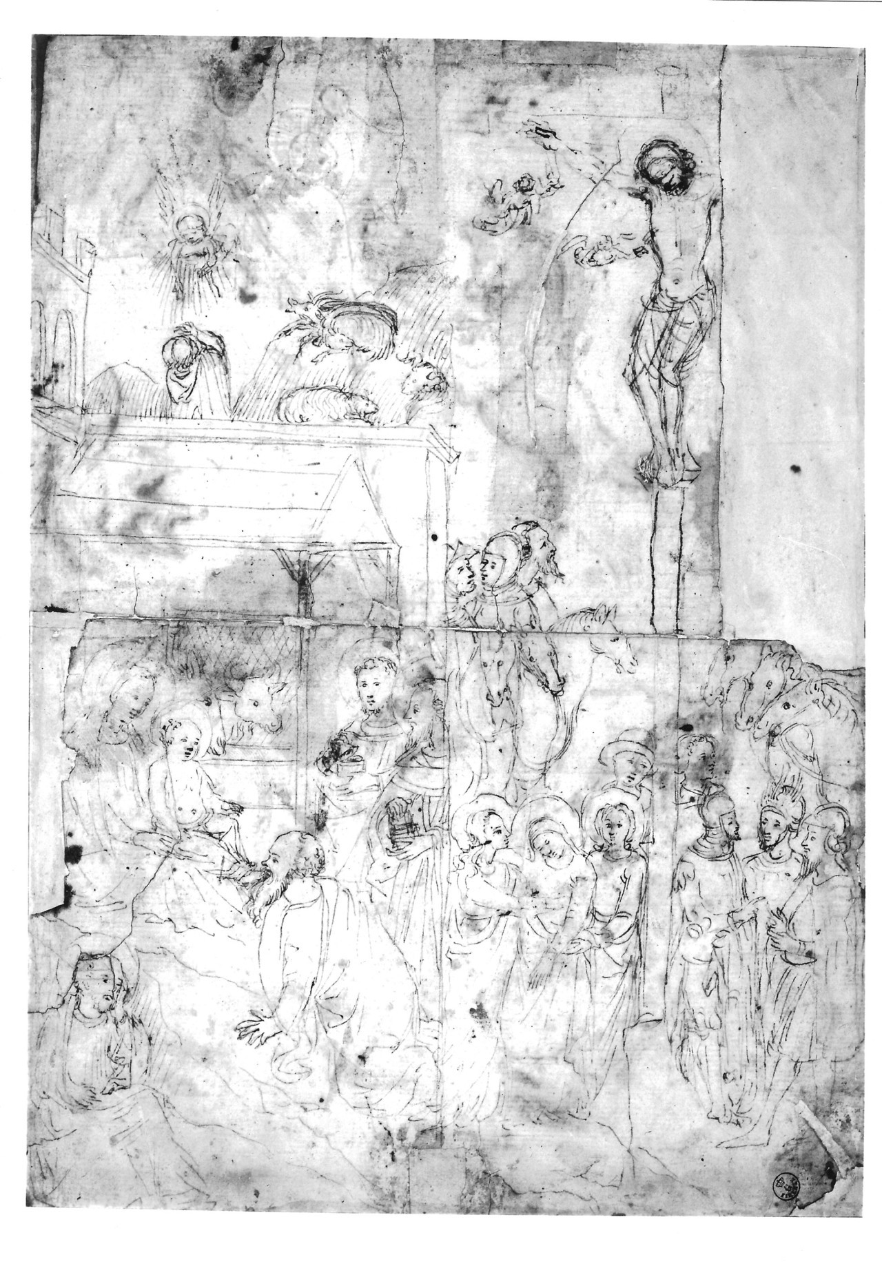 (r.) Adorazione dei Magi e Crocifissione, (v.) Studi di cani e volatili (disegno) - ambito fiorentino (fine XIV)