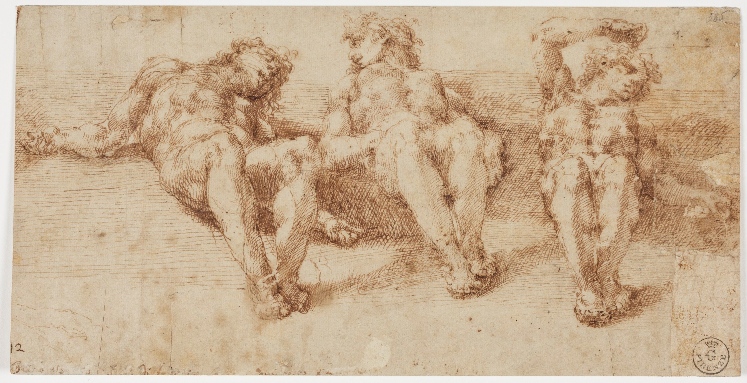 Tre figure virili sedute (disegno) di Orsi Lelio (XVI)