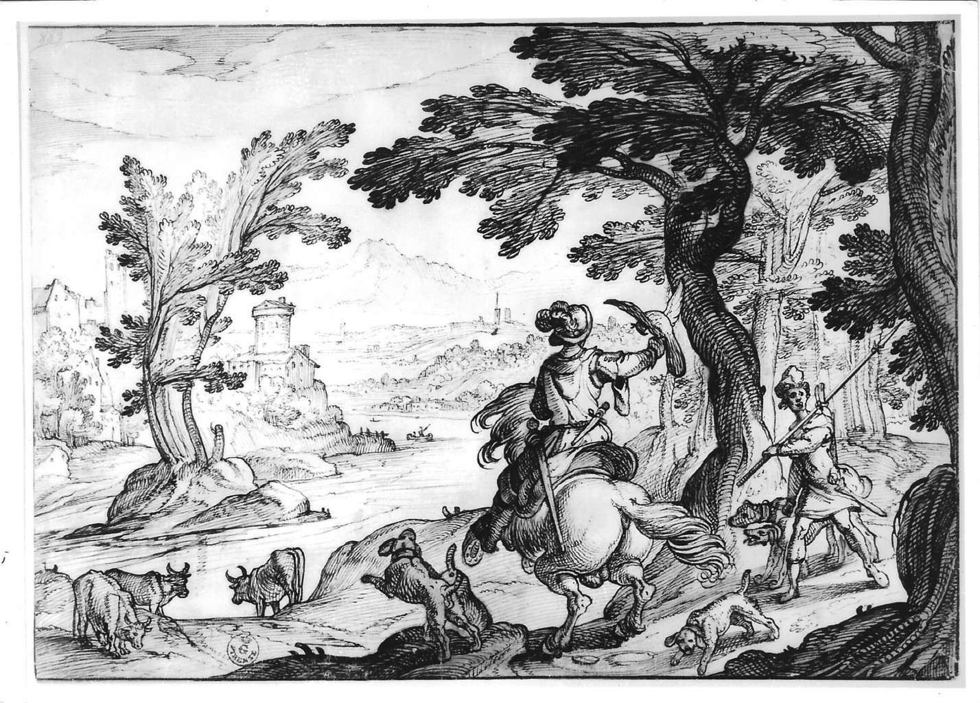 Un paesaggio con cacciatori (disegno) di Tempesta Antonio (XVI-XVII)