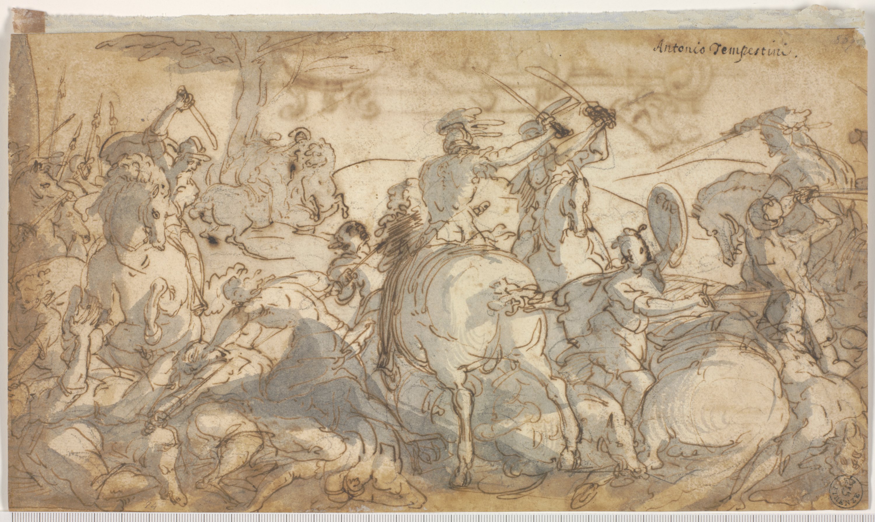 (r.) Scena di battaglia, (v.) Schizzo di un cavallo e altro tagliato (disegno) di Tempesta Antonio (XVI-XVII)