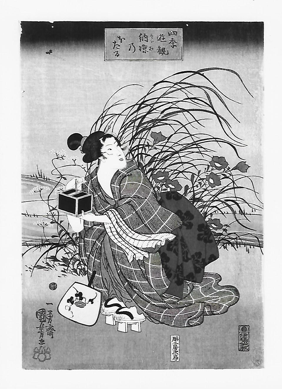 Gite di piacere nelle 4 stagioni: lucciole nel godimento della freschezza serale, Figura femminile accovacciata con gabbietta per lucciole (stampa) di Utagawa Ichiyusai Kuniyoshi (prima metà XIX)