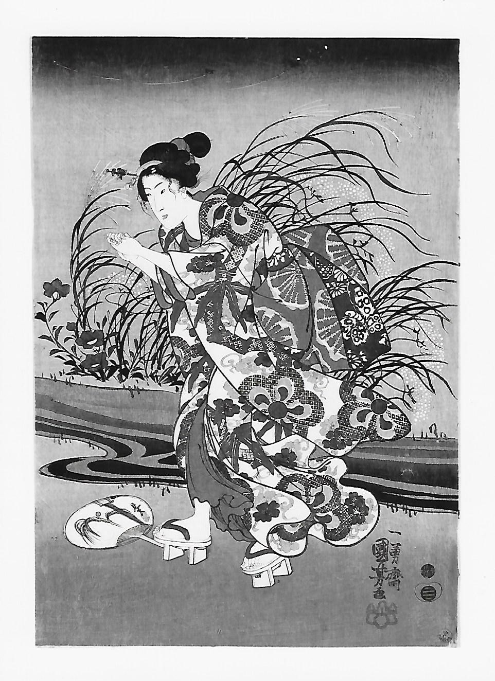 Gite di piacere nelle 4 stagioni: lucciole nel godimento della freschezza serale, Figura femminile in piedi (stampa) di Utagawa Ichiyusai Kuniyoshi (prima metà XIX)